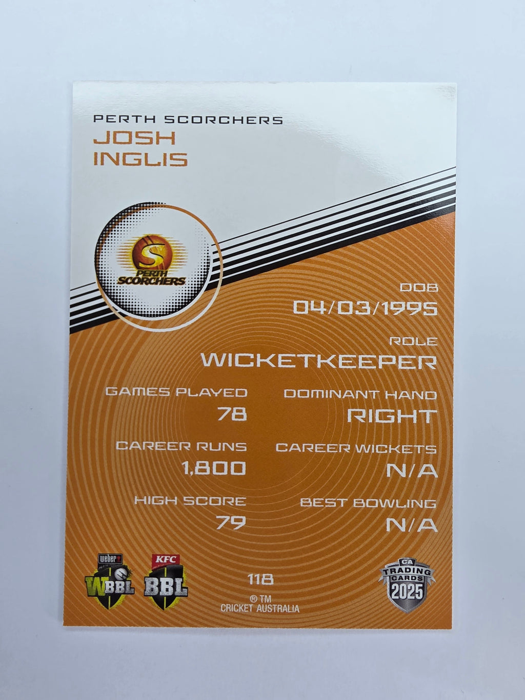 2025/26 Cricket Traders | Base | #118 | Josh Inglis | Perth Scorchers
