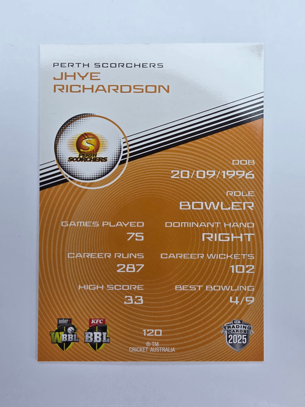 2025/26 Cricket Traders | Base | #120 | Jhye Richardson | Scorchers