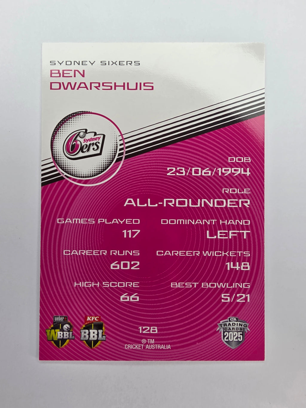 2025/26 Cricket Traders | Base | #128 | Ben Dwarshuis | Sydney Sixers