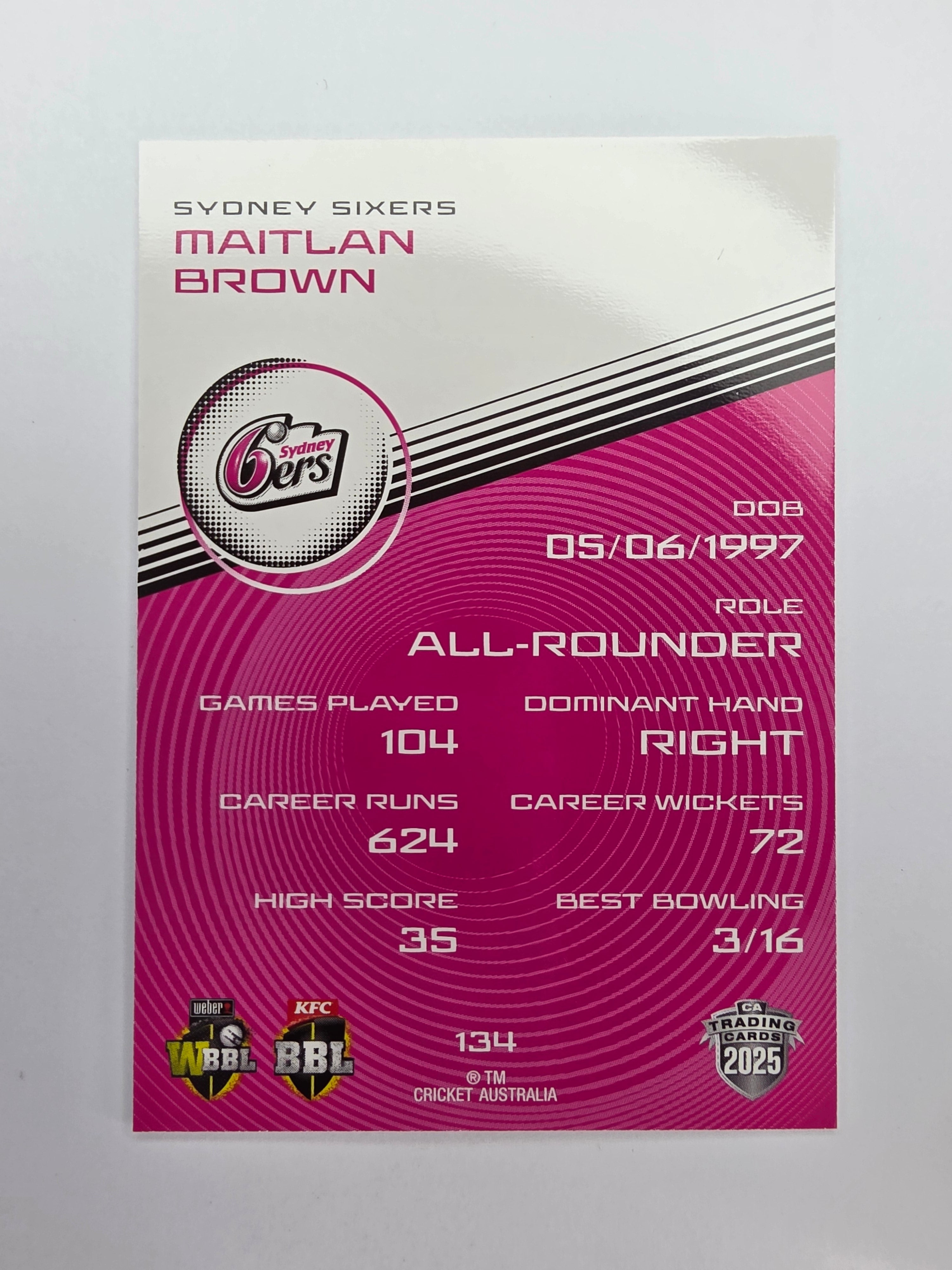 2025/26 Cricket Traders | Base | #134 | Maitlan Brown | Sydney Sixers