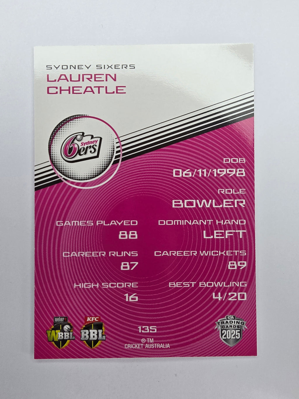 2025/26 Cricket Traders | Base | #135 | Lauren Cheatle | Sydney Sixer