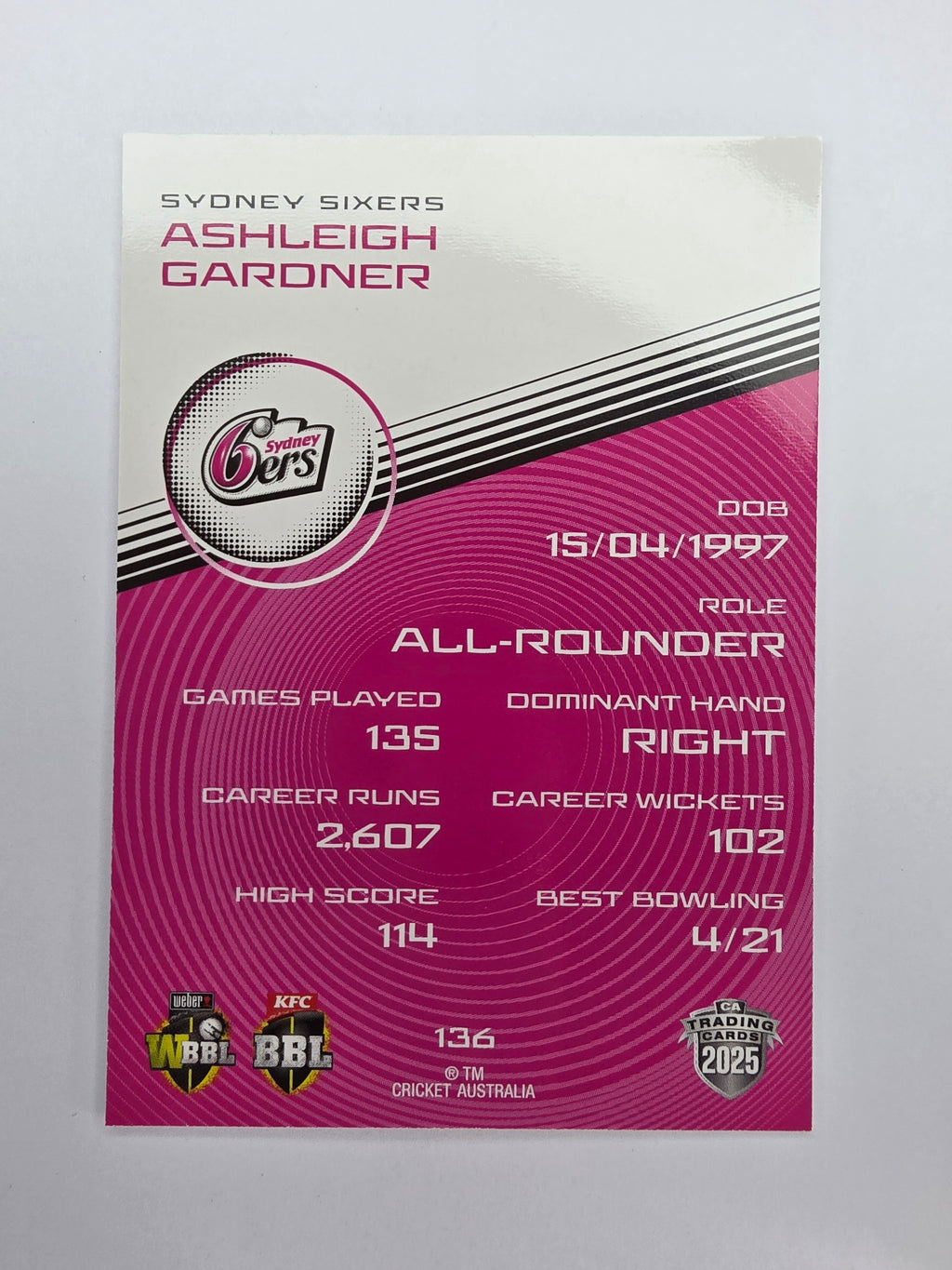 2025/26 Cricket Traders | Base | #136 | Ashleigh Gardner | Sixers