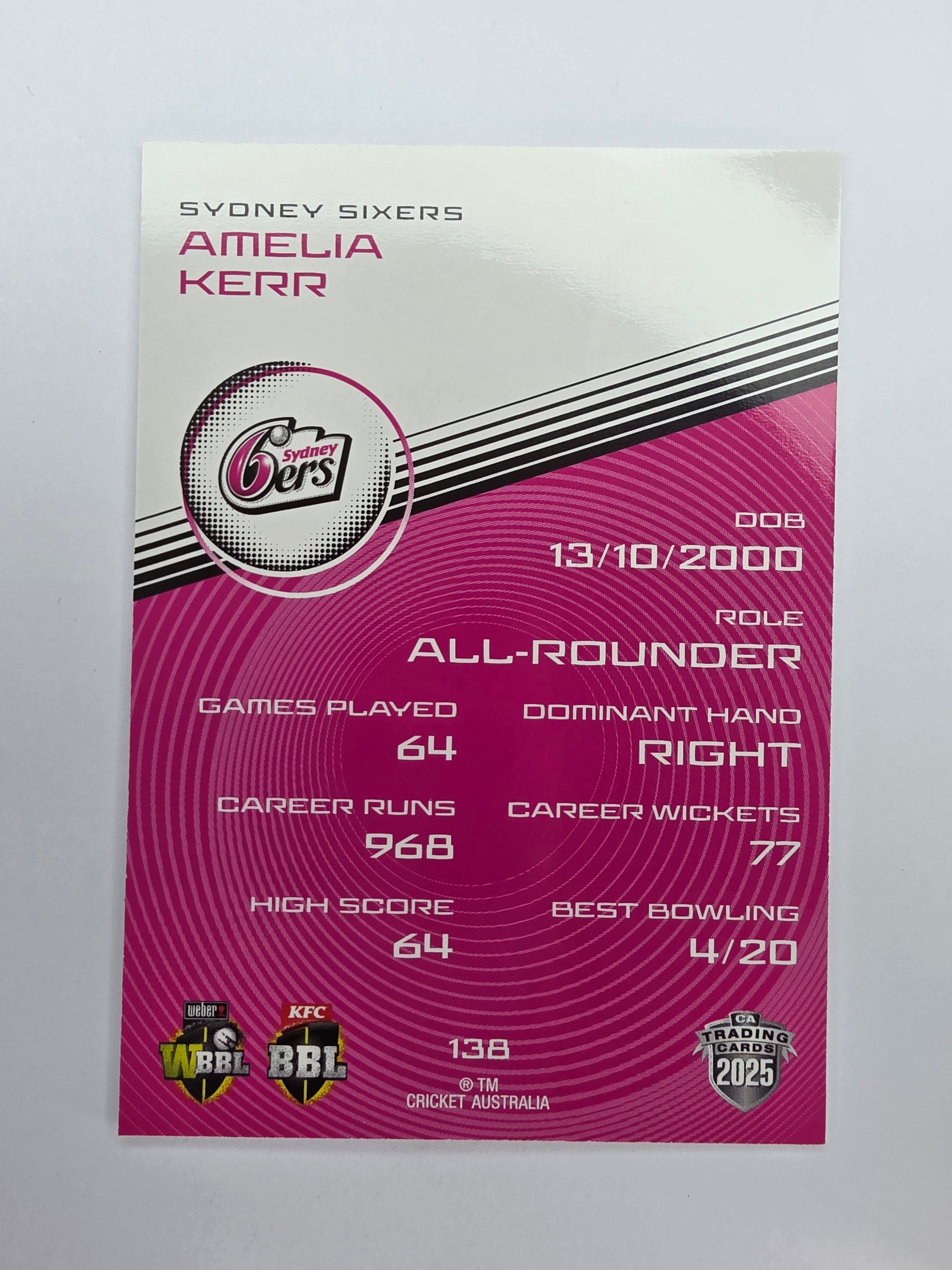 2025/26 Cricket Traders | Base | #138 | Amelia Kerr | Sydney Sixers