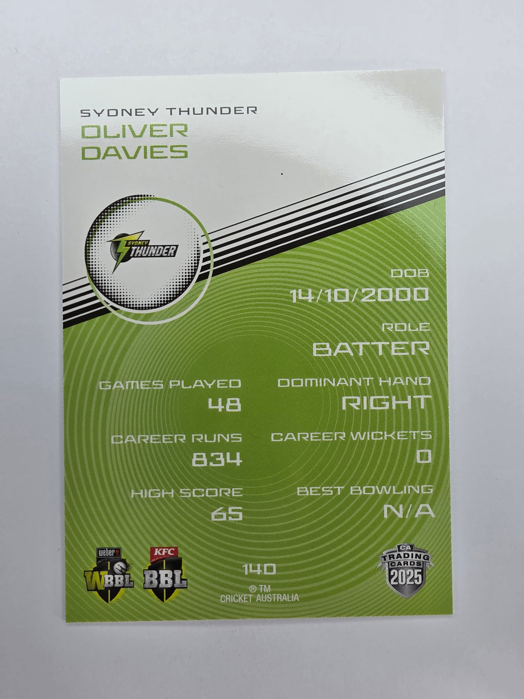 2025/26 Cricket Traders | Base | #140 | Oliver Davies | Thunder