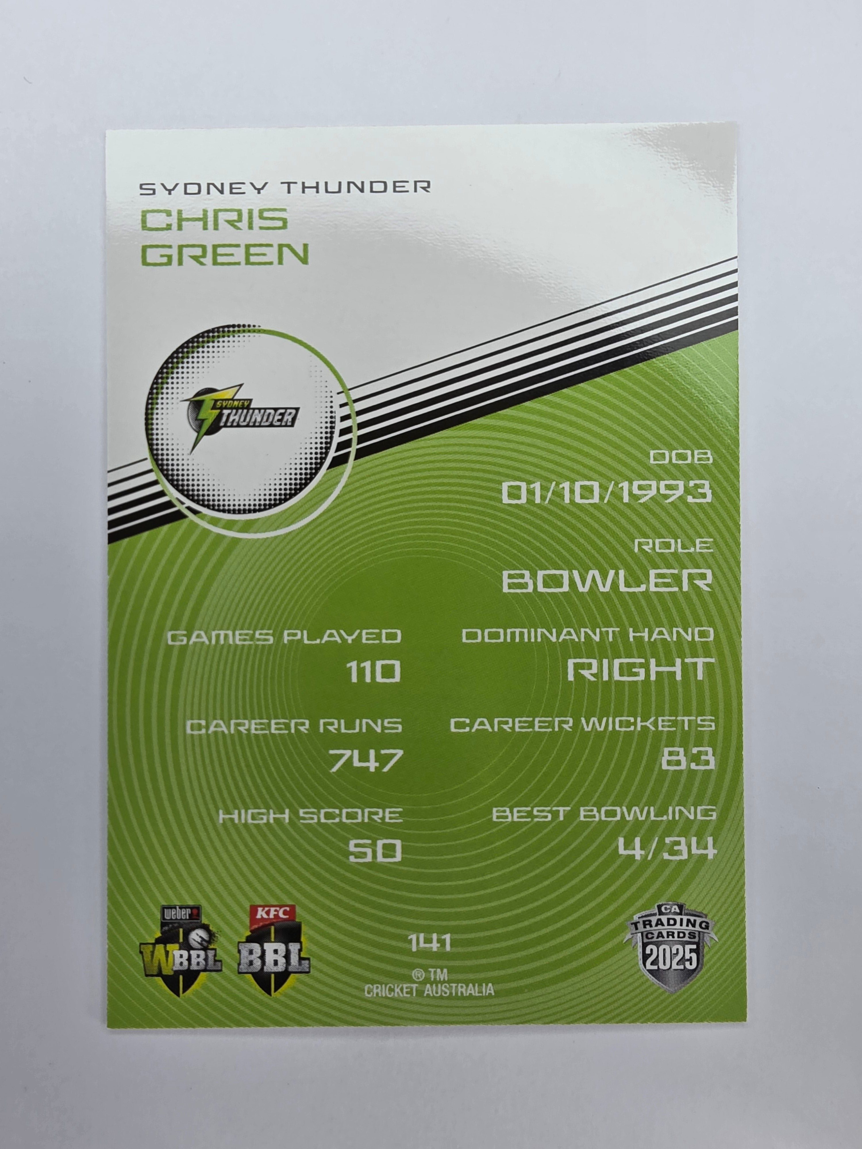2025/26 Cricket Traders | Base | #141 | Chris Green | Sydney Thunder