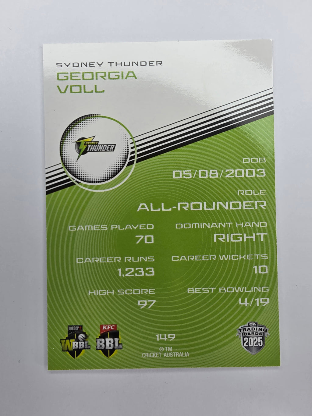 2025/26 Cricket Traders | Base | #149 | Georgia Voll | Sydney Thunder