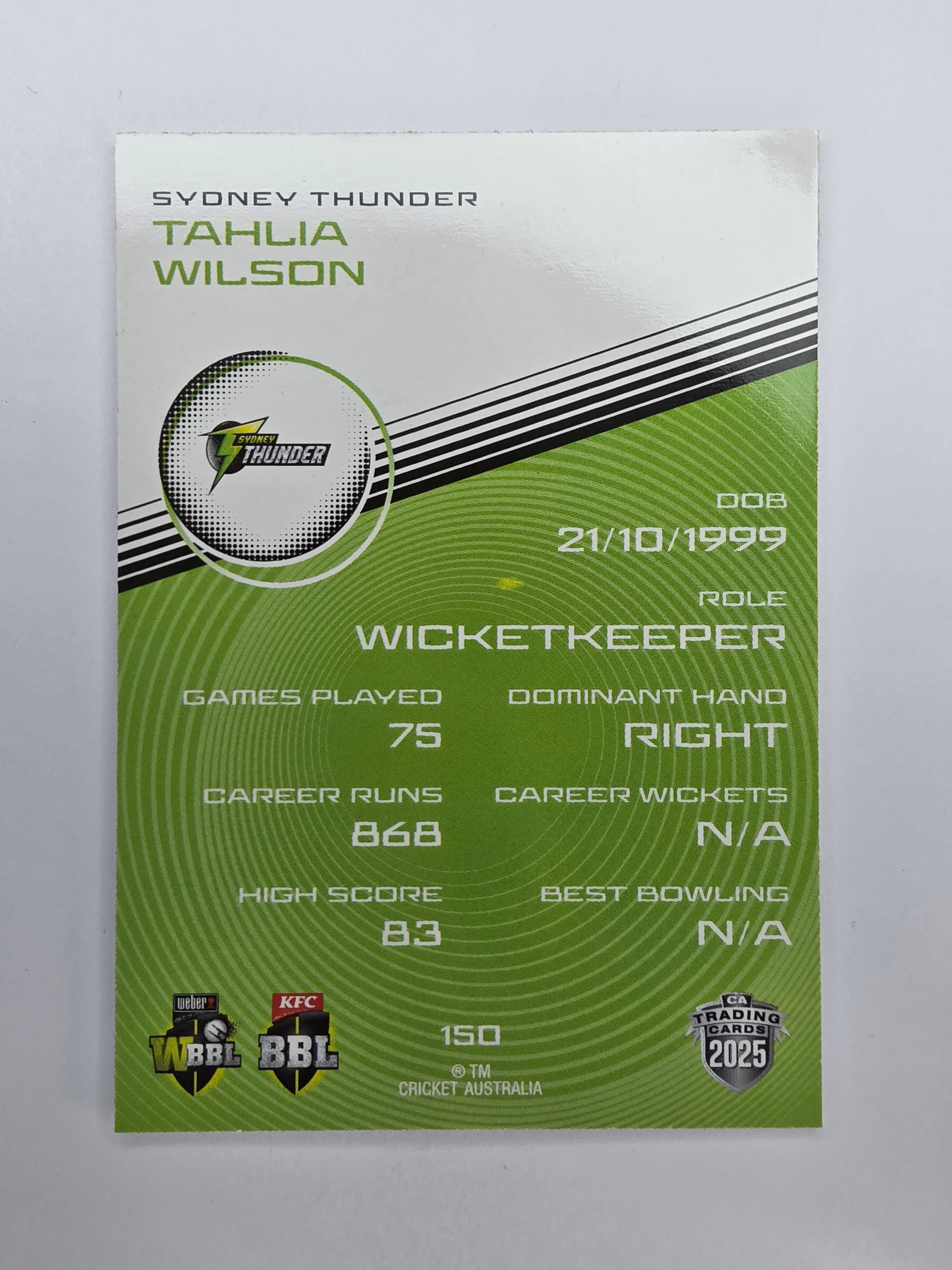 2025/26 Cricket Traders | Base | #150 | Tahlia Wilson | Thunder