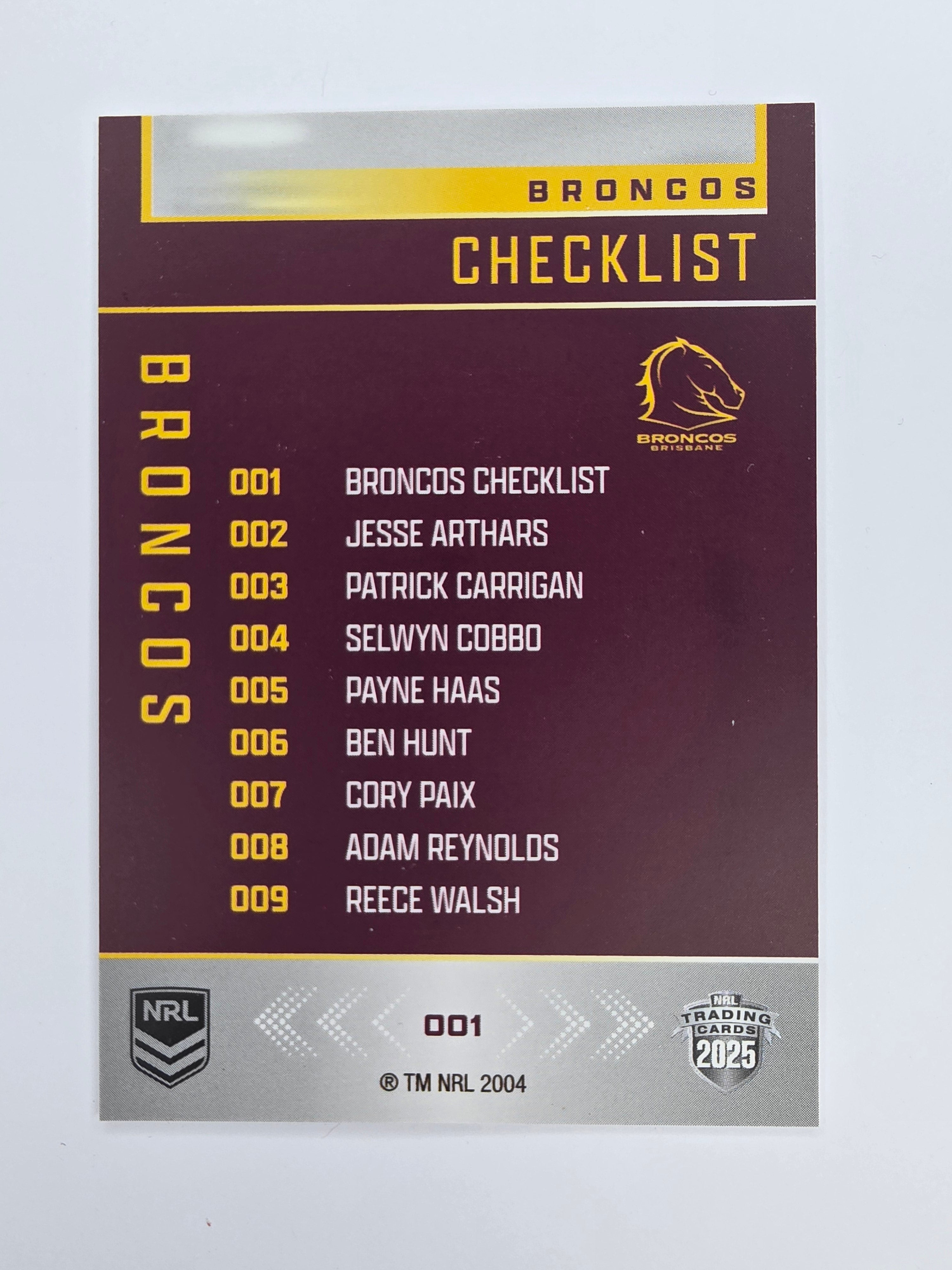 NRL 2025 Elite Base #001 Checklist Broncos