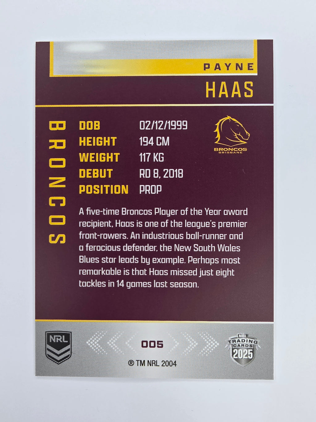 NRL 2025 Elite Base #005 Payne Haas Broncos