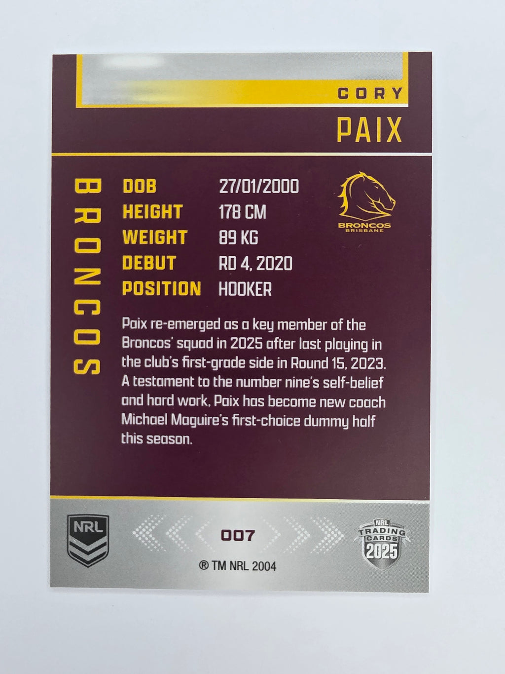 NRL 2025 Elite Base #007 Cory Paix Broncos