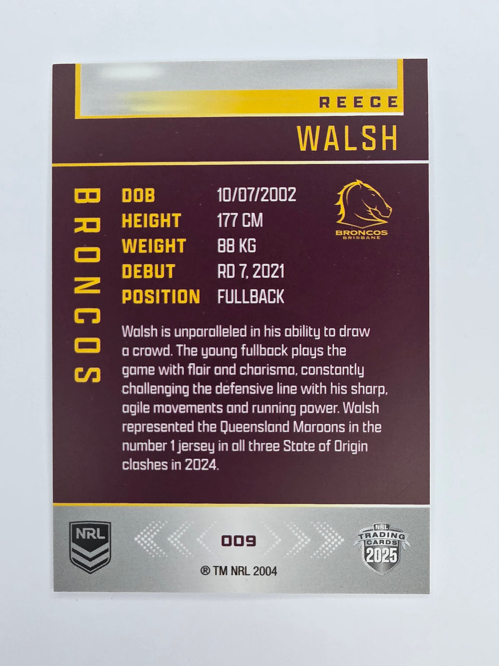 NRL 2025 Elite Base #009 Reece Walsh Broncos