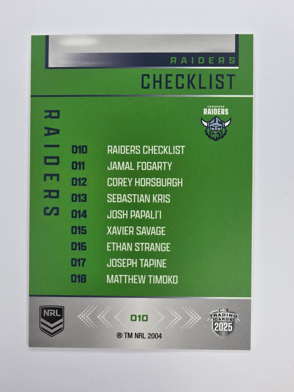 NRL 2025 Elite Base #010 Checklist Raiders