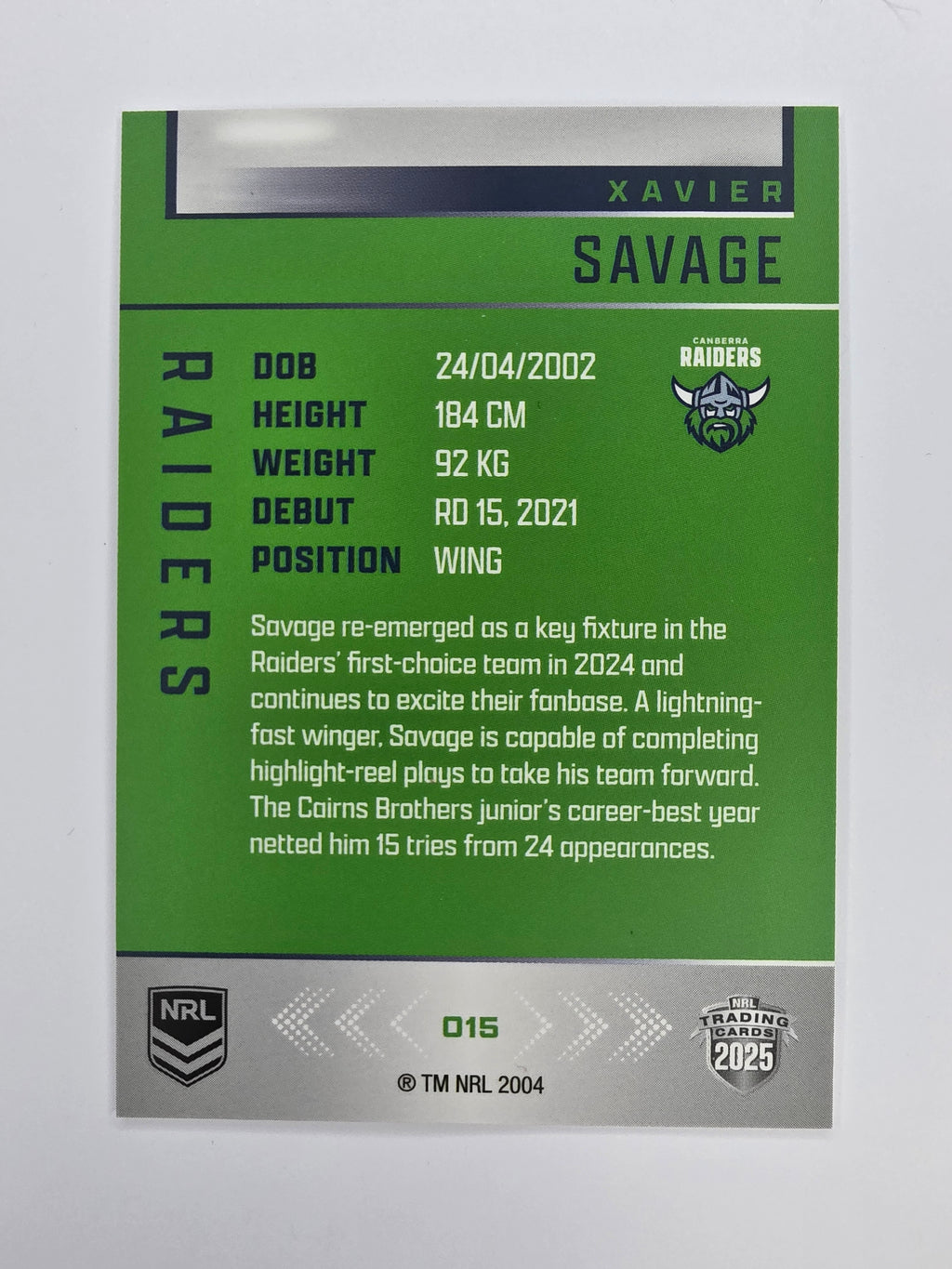 NRL 2025 Elite Base #015 Xavier Savage Raiders