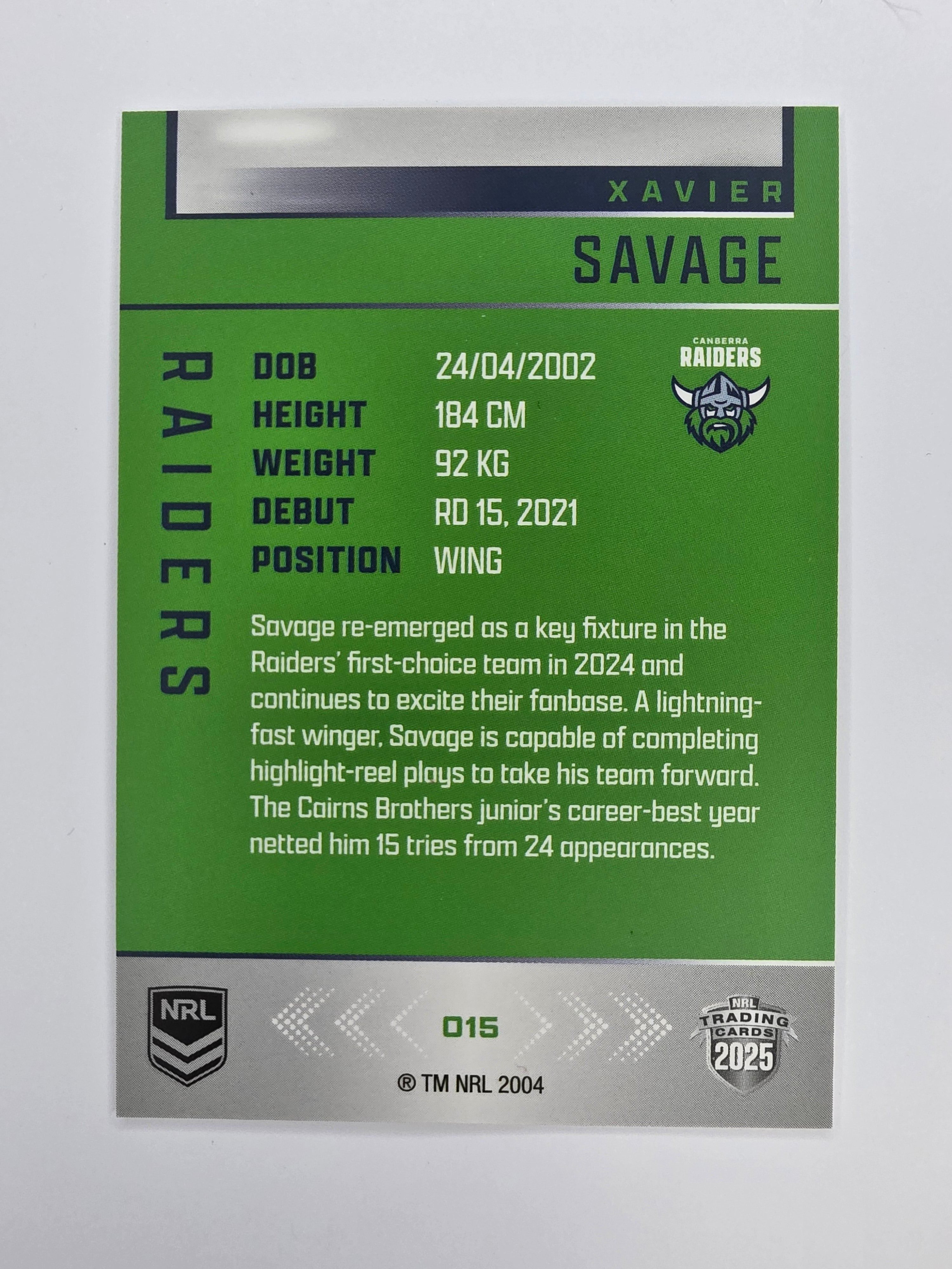 NRL 2025 Elite Base #015 Xavier Savage Raiders