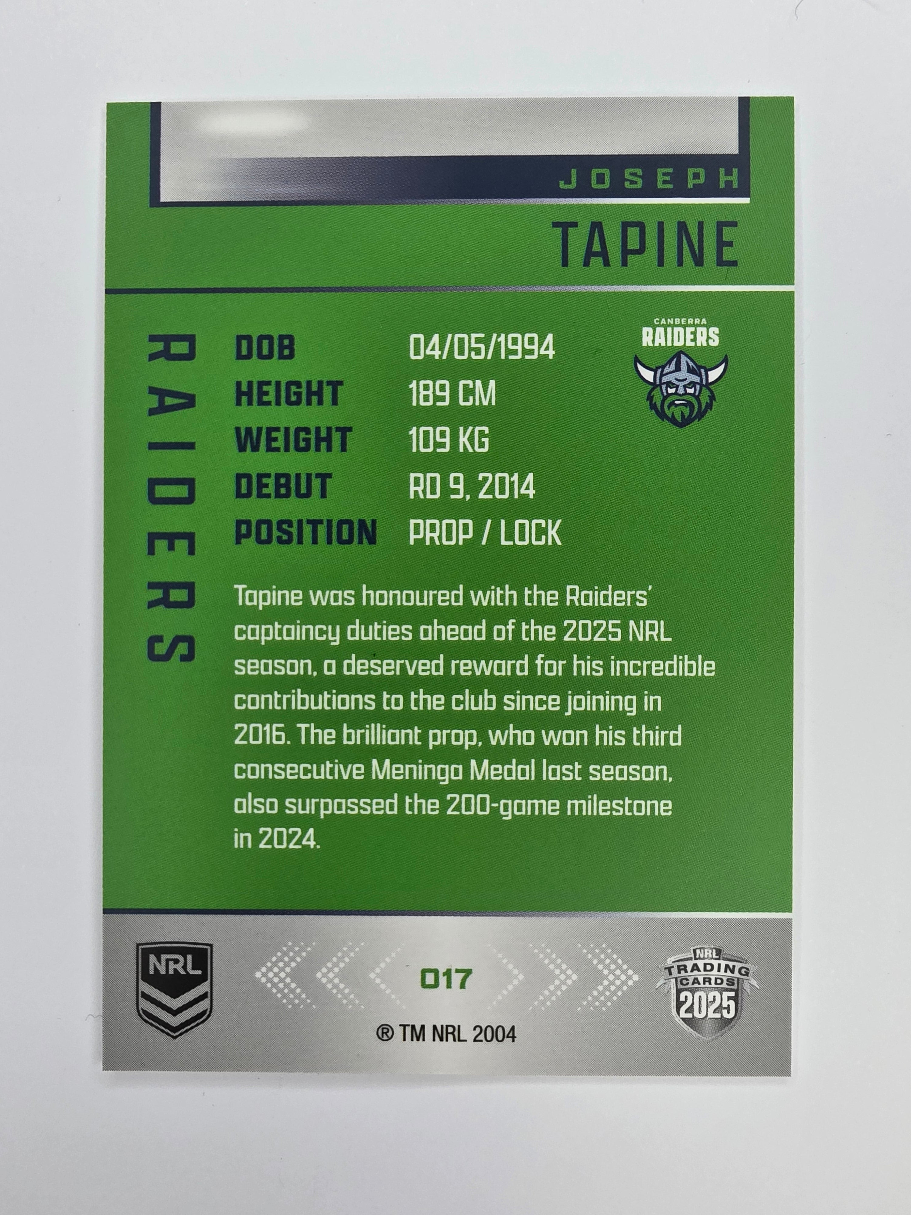 NRL 2025 Elite Base #017 Joseph Tapine Raiders