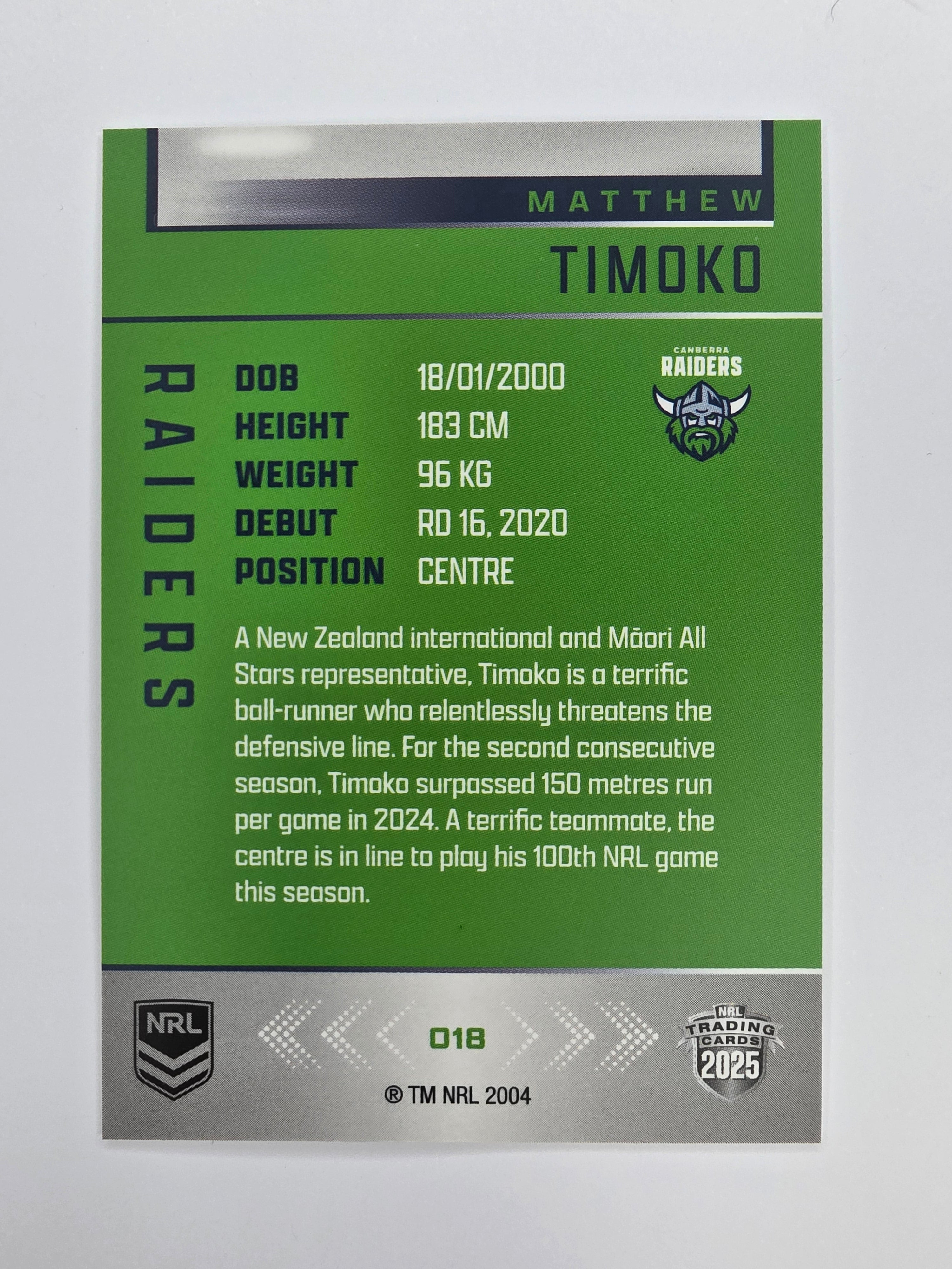 NRL 2025 Elite Base #018 Matthew Timoko Raiders