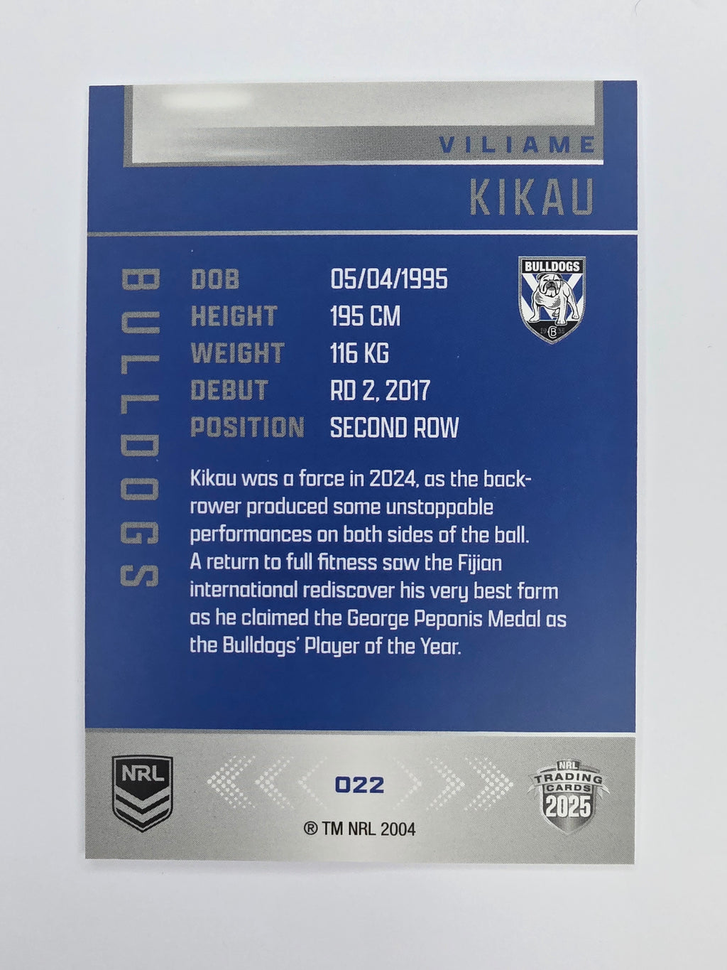 NRL 2025 Elite Base #022 Viliame Kikau Bulldogs