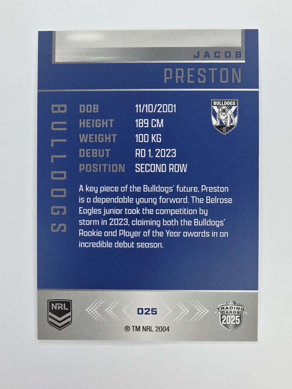 NRL 2025 Elite Base #025 Jacob Preston Bulldogs
