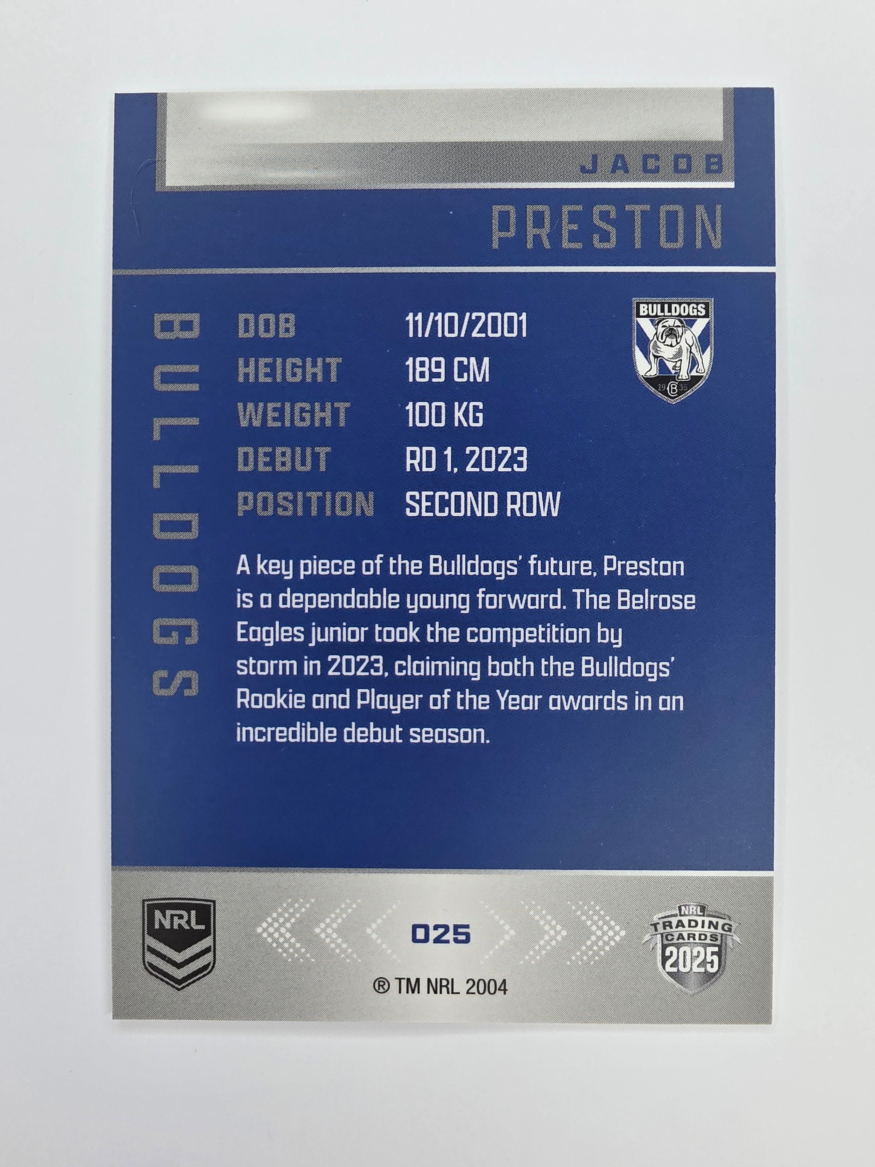 NRL 2025 Elite Base #025 Jacob Preston Bulldogs