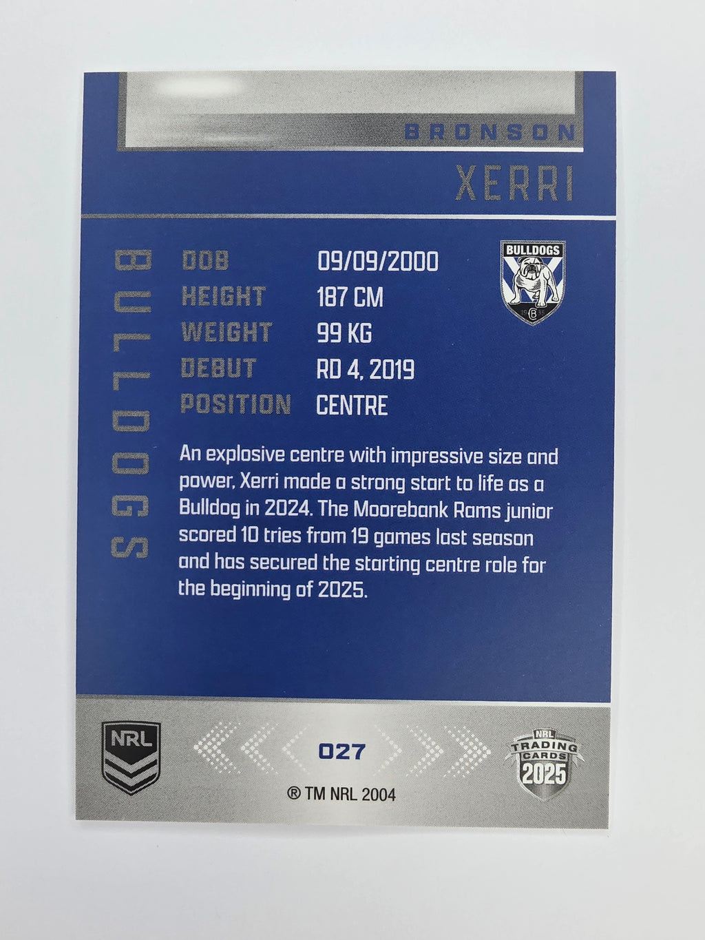 NRL 2025 Elite Base #027 Bronson Xerri Bulldogs