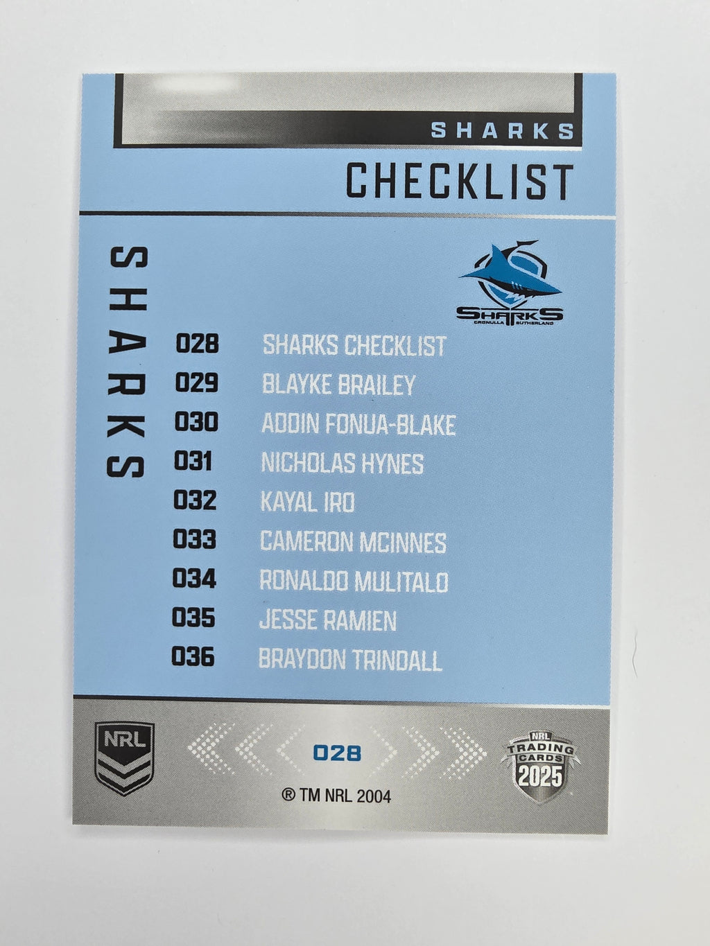 NRL 2025 Elite Base #028 Checklist Sharks