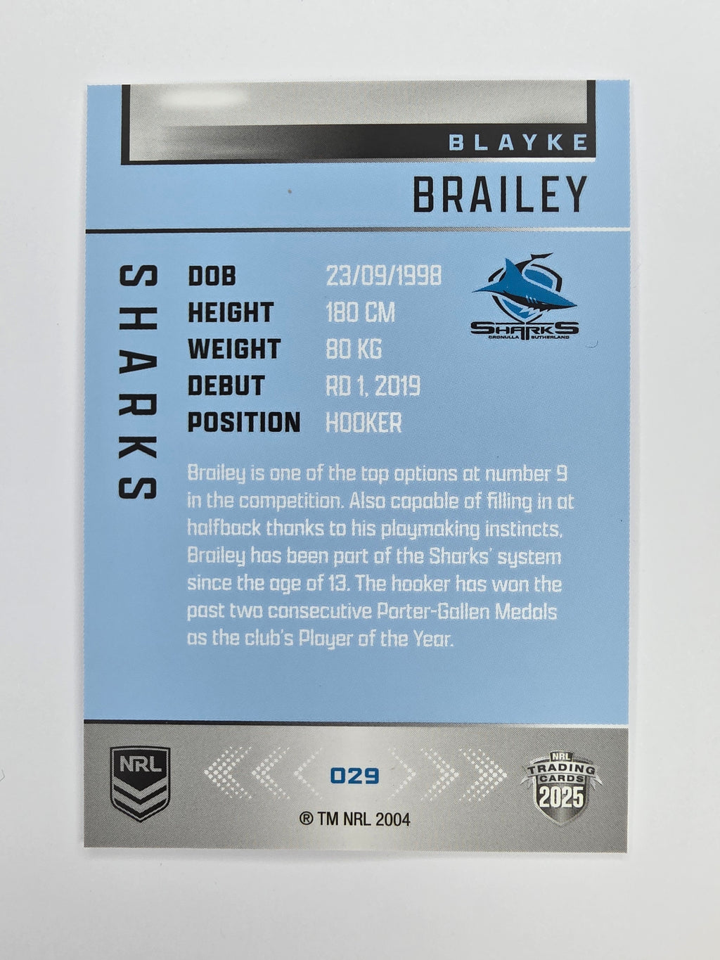 NRL 2025 Elite Base #029 Blayke Brailey Sharks