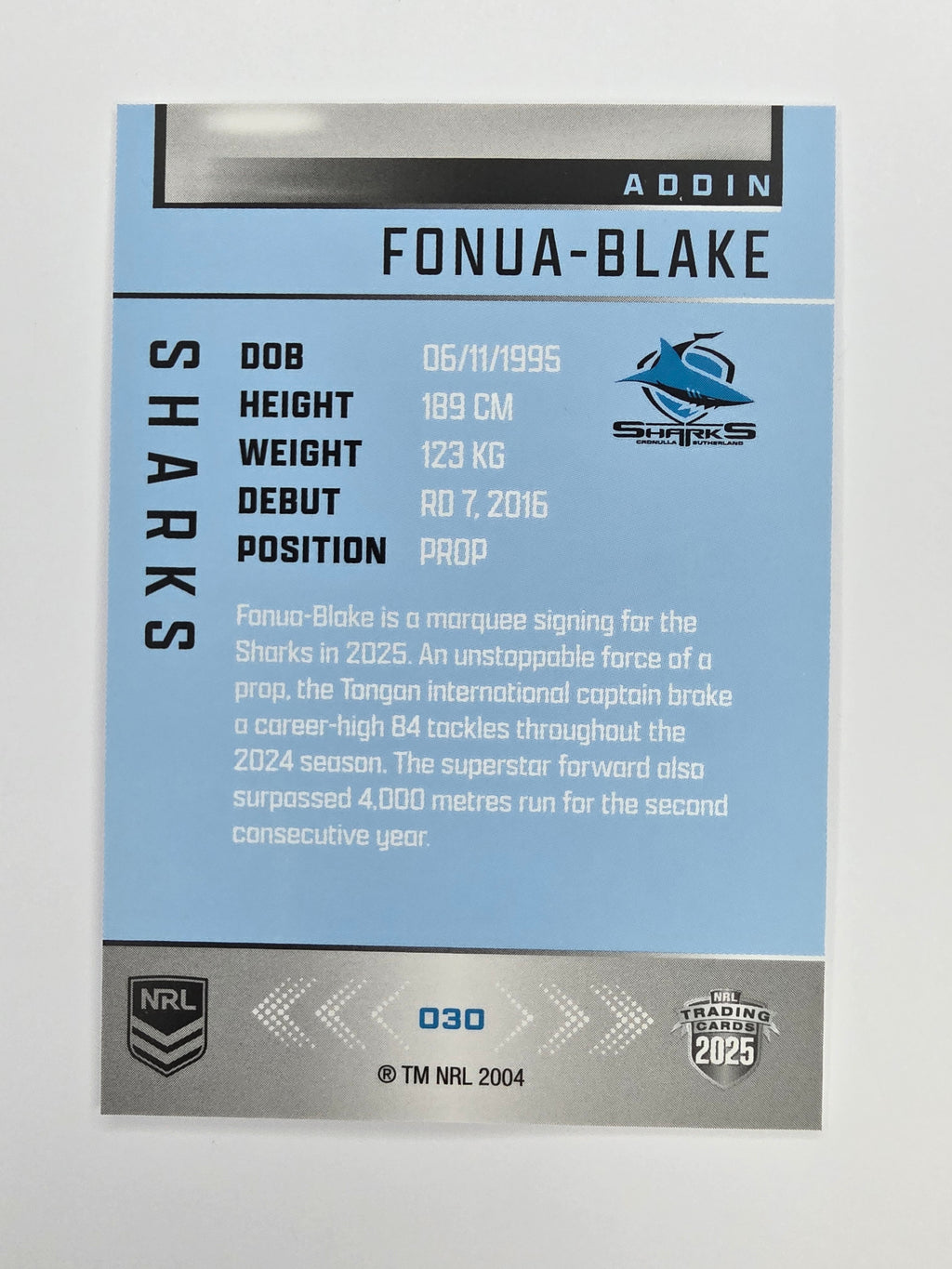 NRL 2025 Elite Base #030 Addin Fonua-Blake Sharks
