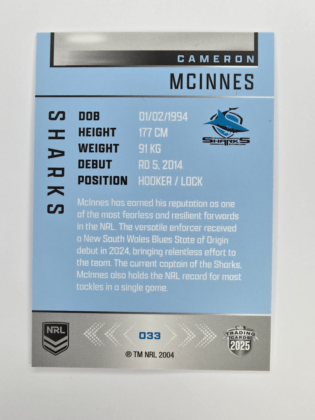 NRL 2025 Elite Base #033 Cameron McInnes Sharks