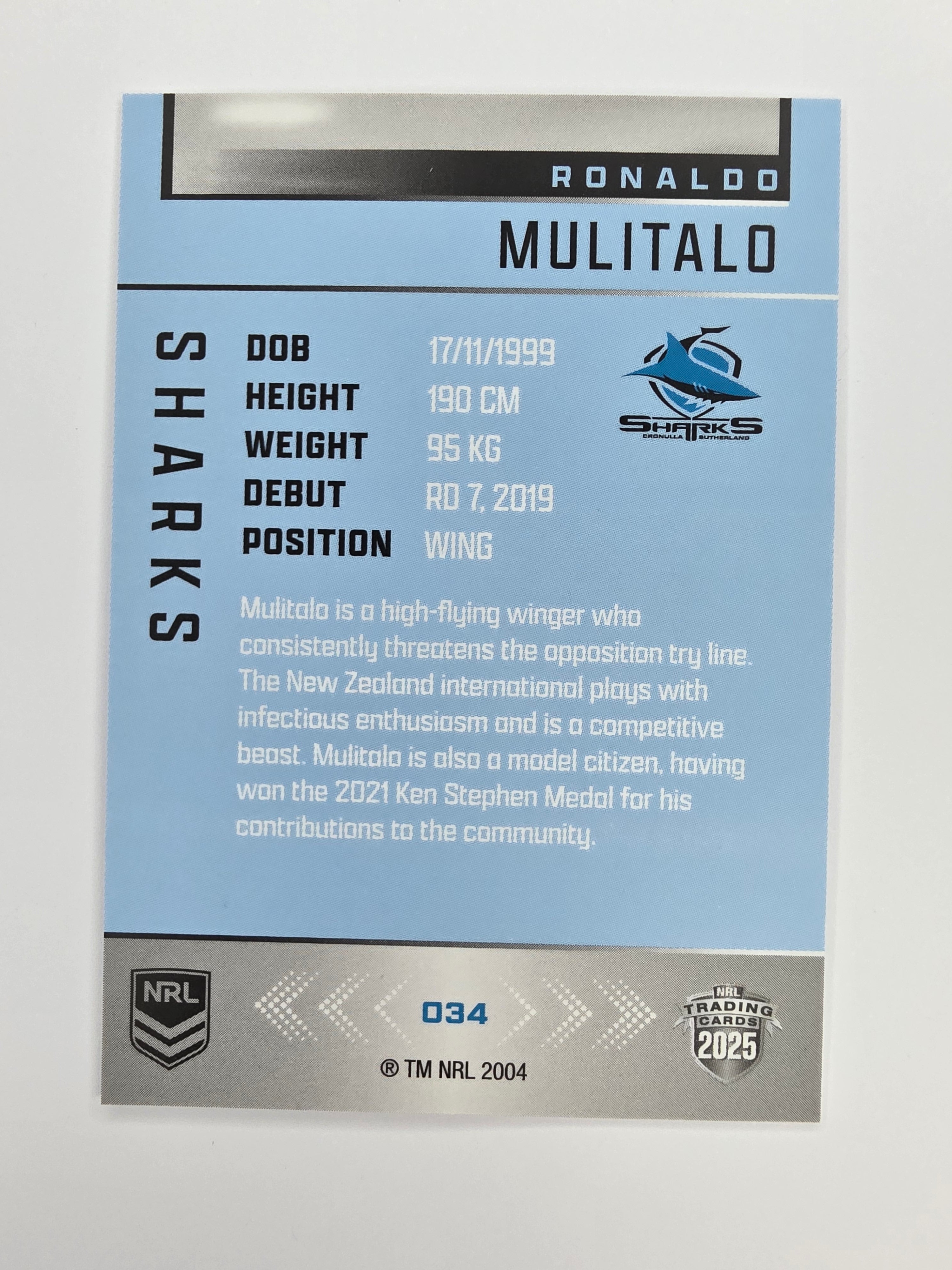 NRL 2025 Elite Base #034 Ronaldo Mulitalo Sharks
