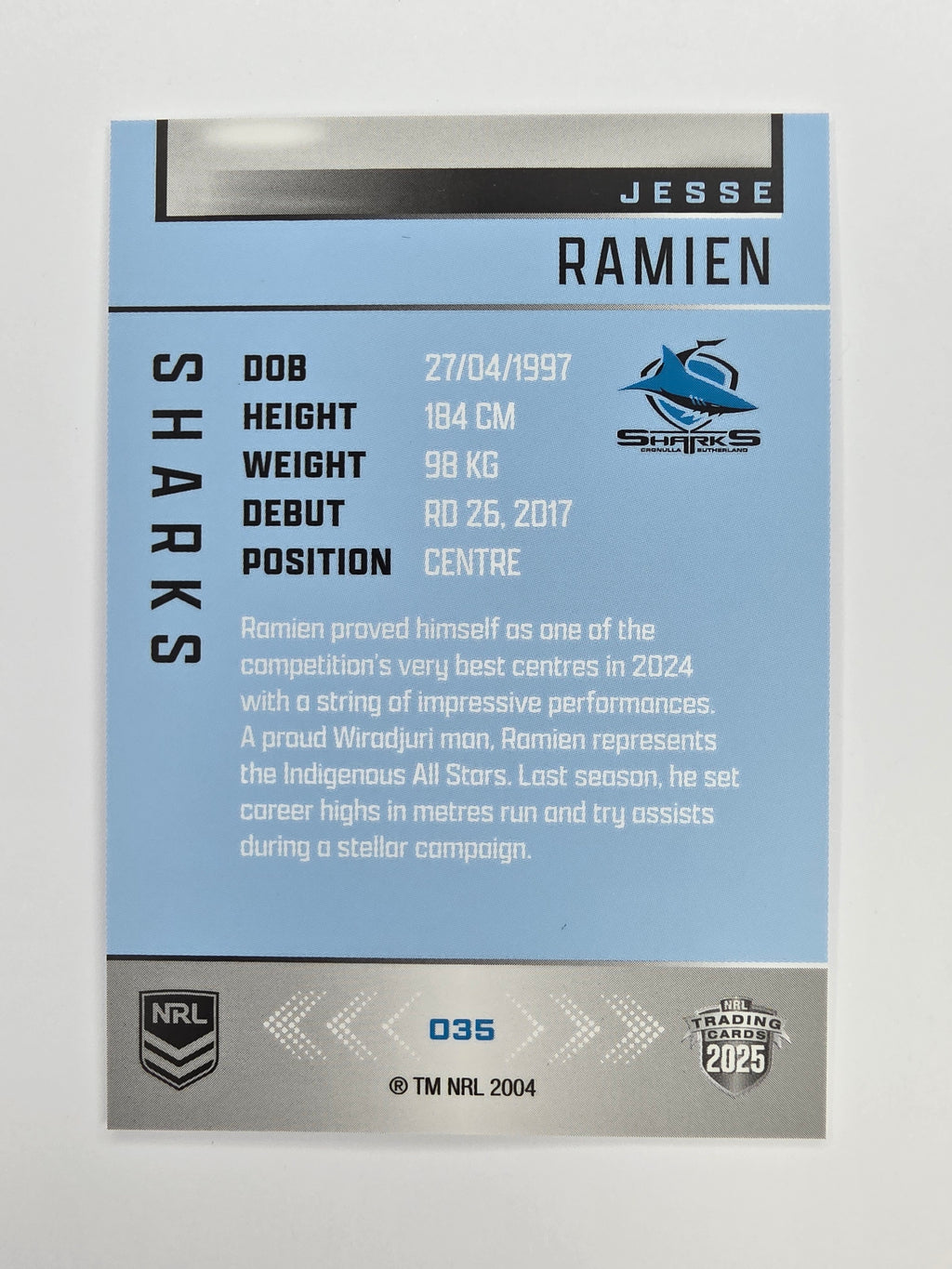 NRL 2025 Elite Base #035 Jesse Ramien Sharks