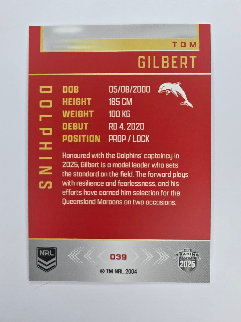 NRL 2025 Elite Base #039 Tom Gilbert Dolphins
