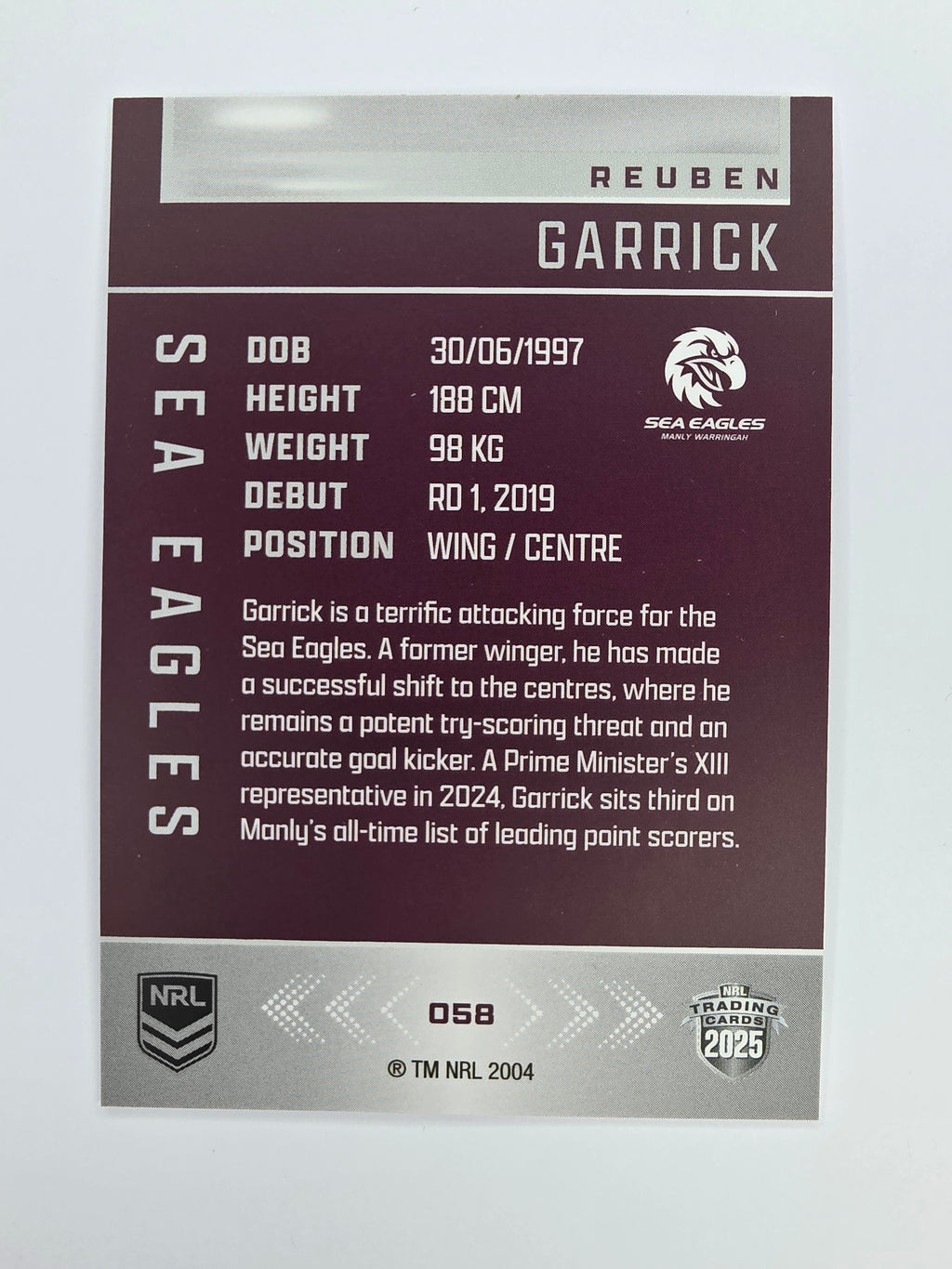 NRL 2025 Elite Base #058 Reuben Garrick Sea Eagles
