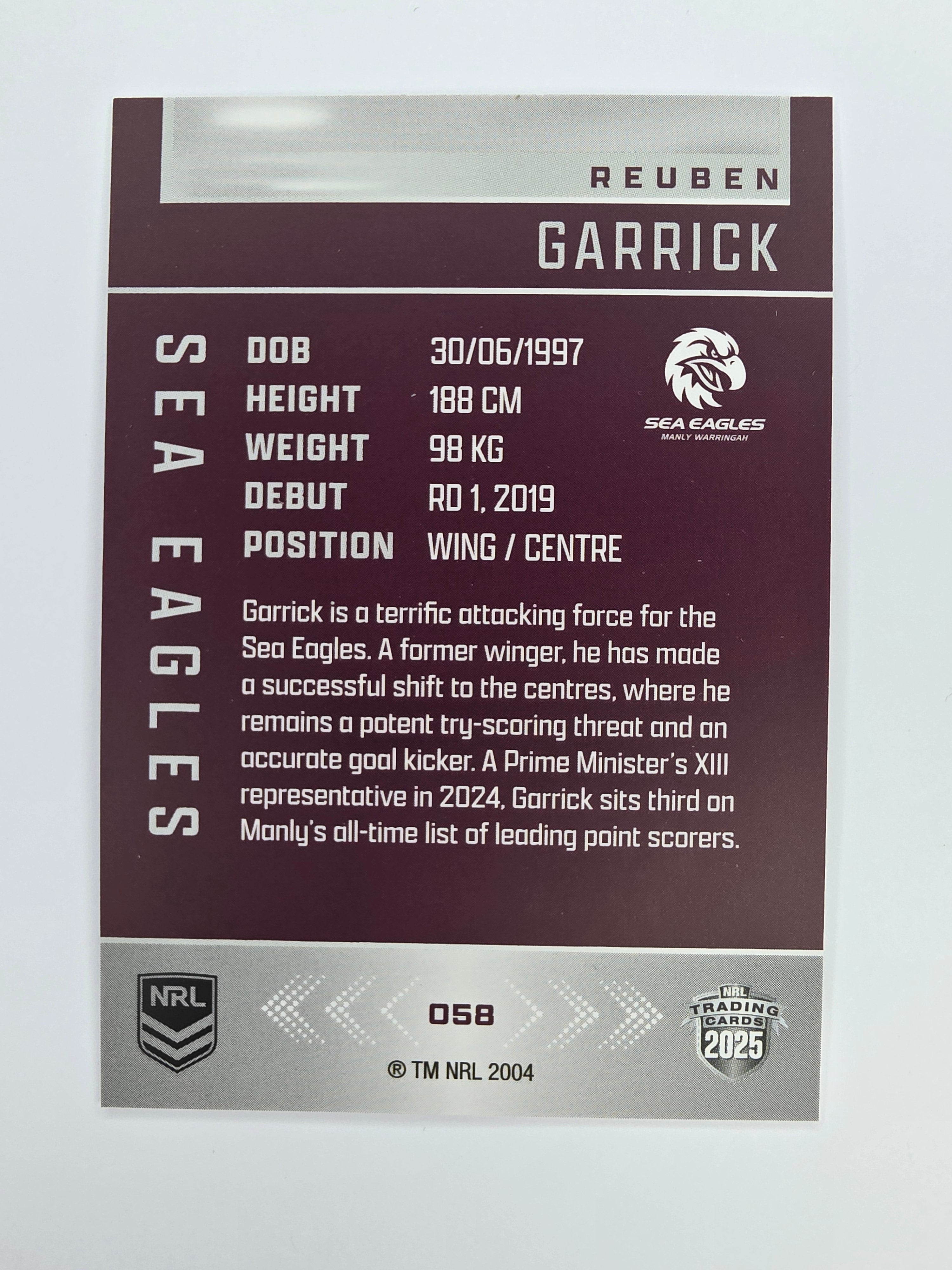 NRL 2025 Elite Base #058 Reuben Garrick Sea Eagles