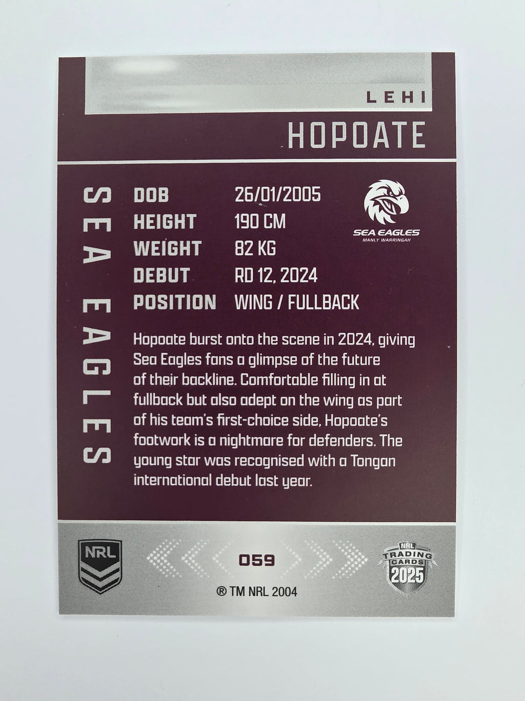 NRL 2025 Elite Base #059 Lehi Hopoate Sea Eagles