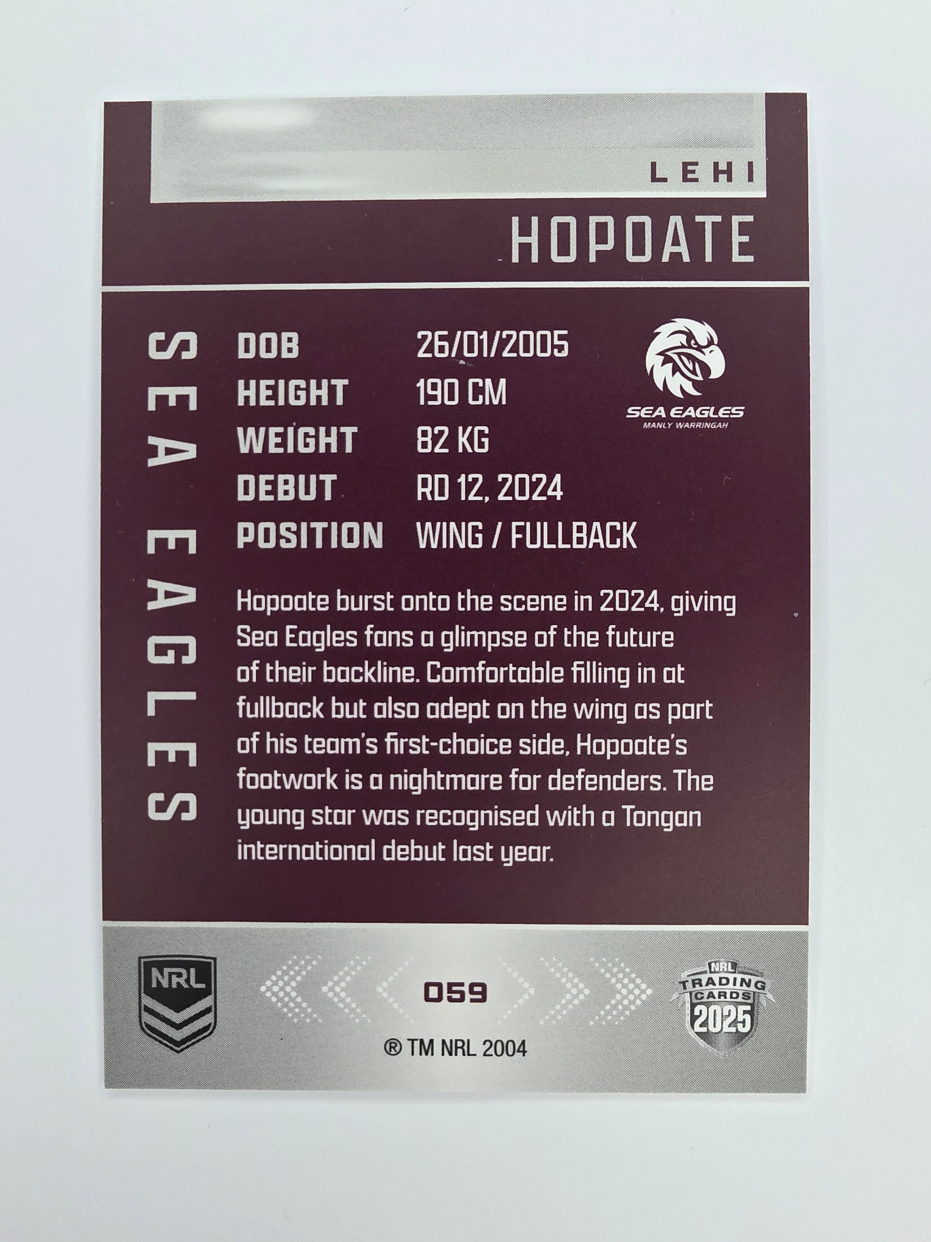 NRL 2025 Elite Base #059 Lehi Hopoate Sea Eagles