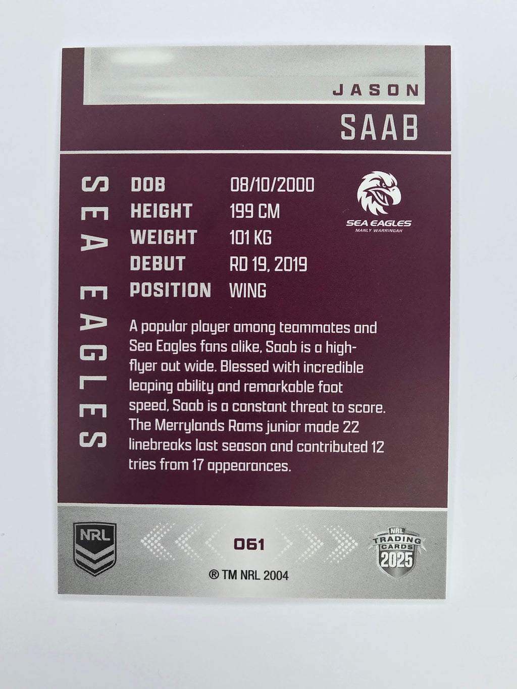 NRL 2025 Elite Base #061 Jason Saab Sea Eagles