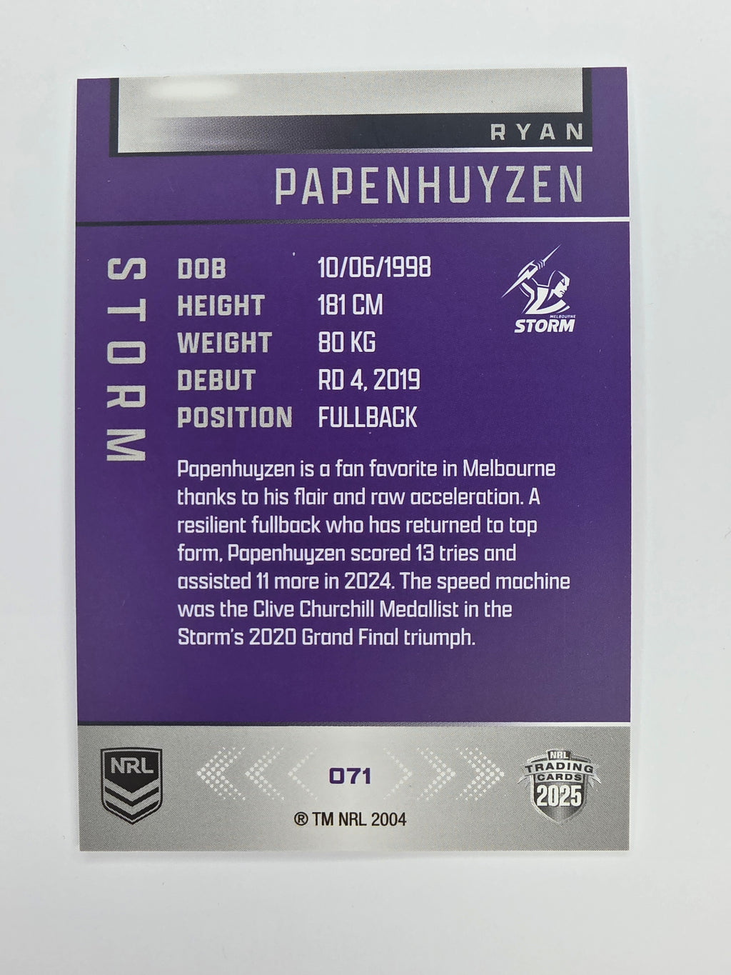 NRL 2025 Elite Base #071 Ryan Papenhuyzen Storm