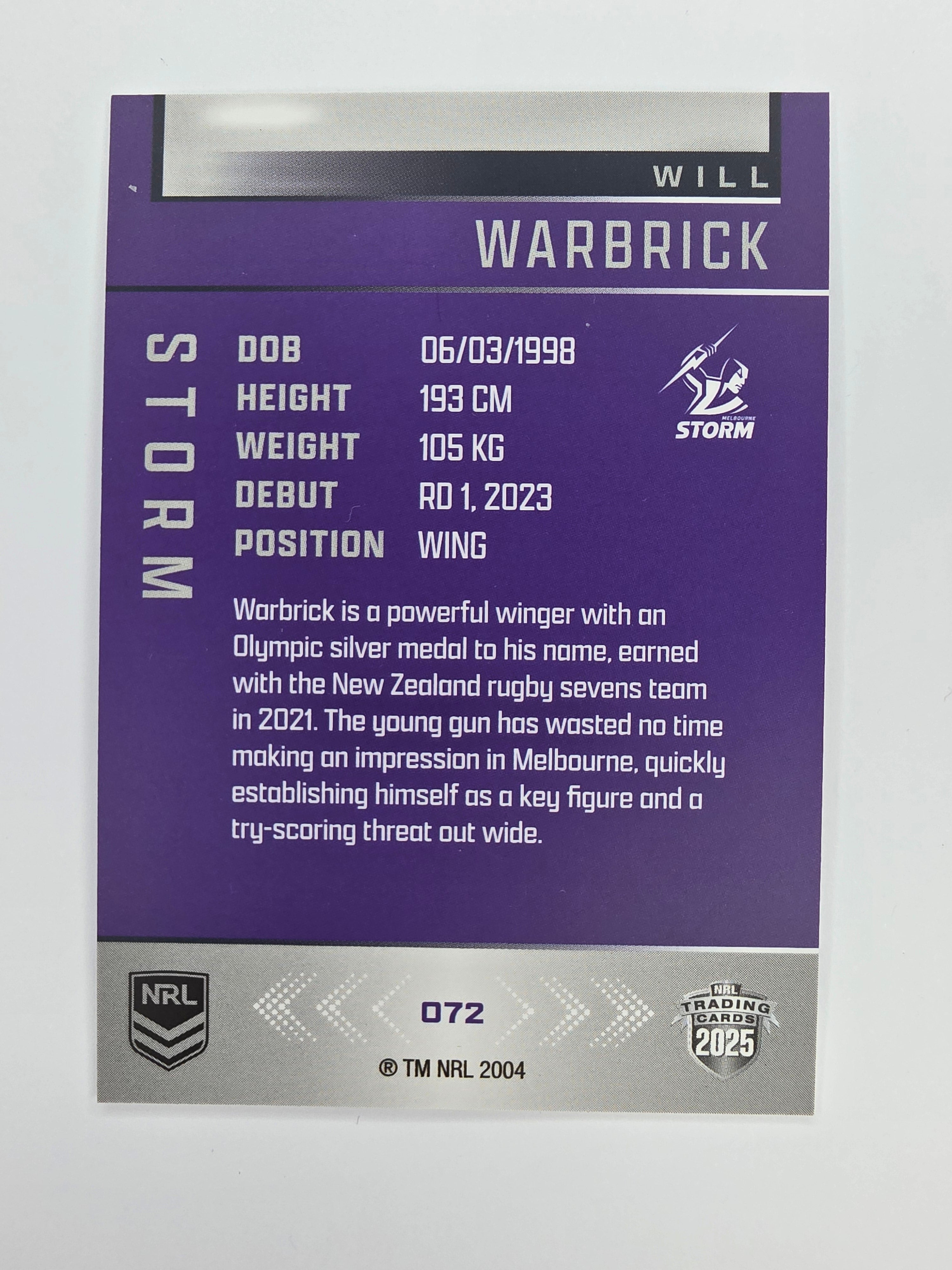 NRL 2025 Elite Base #072 Will Warbrick Storm
