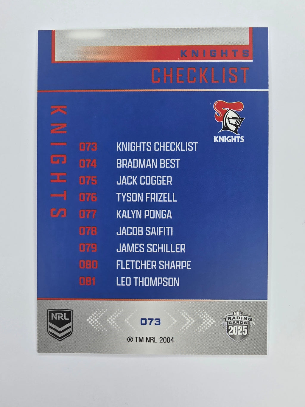 NRL 2025 Elite Base #073 Checklist Knights