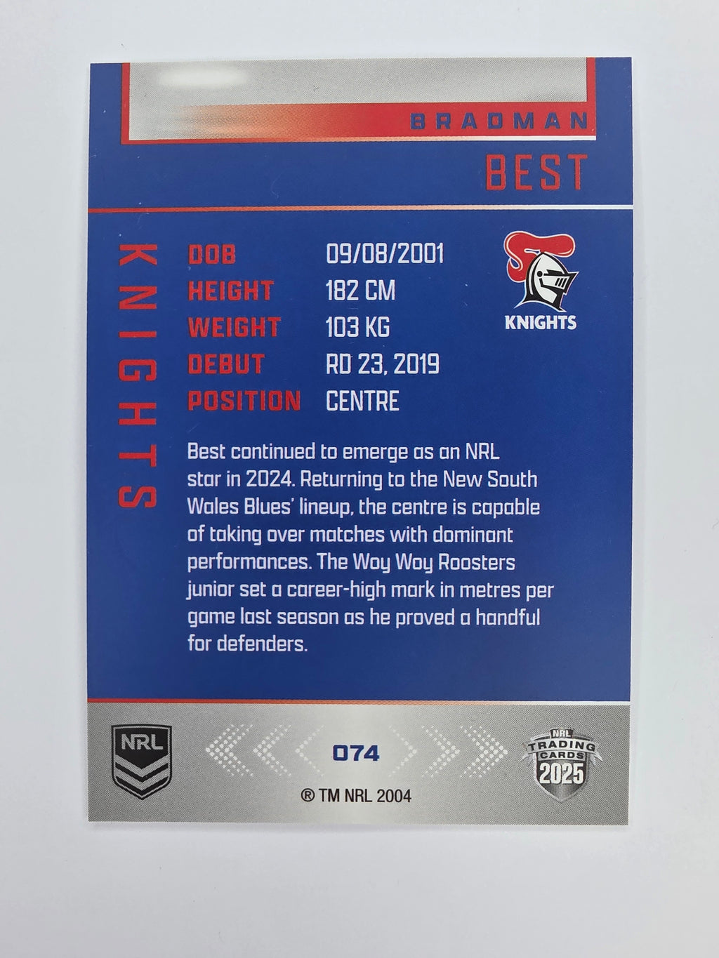 NRL 2025 Elite Base #074 Bradman Best Knights
