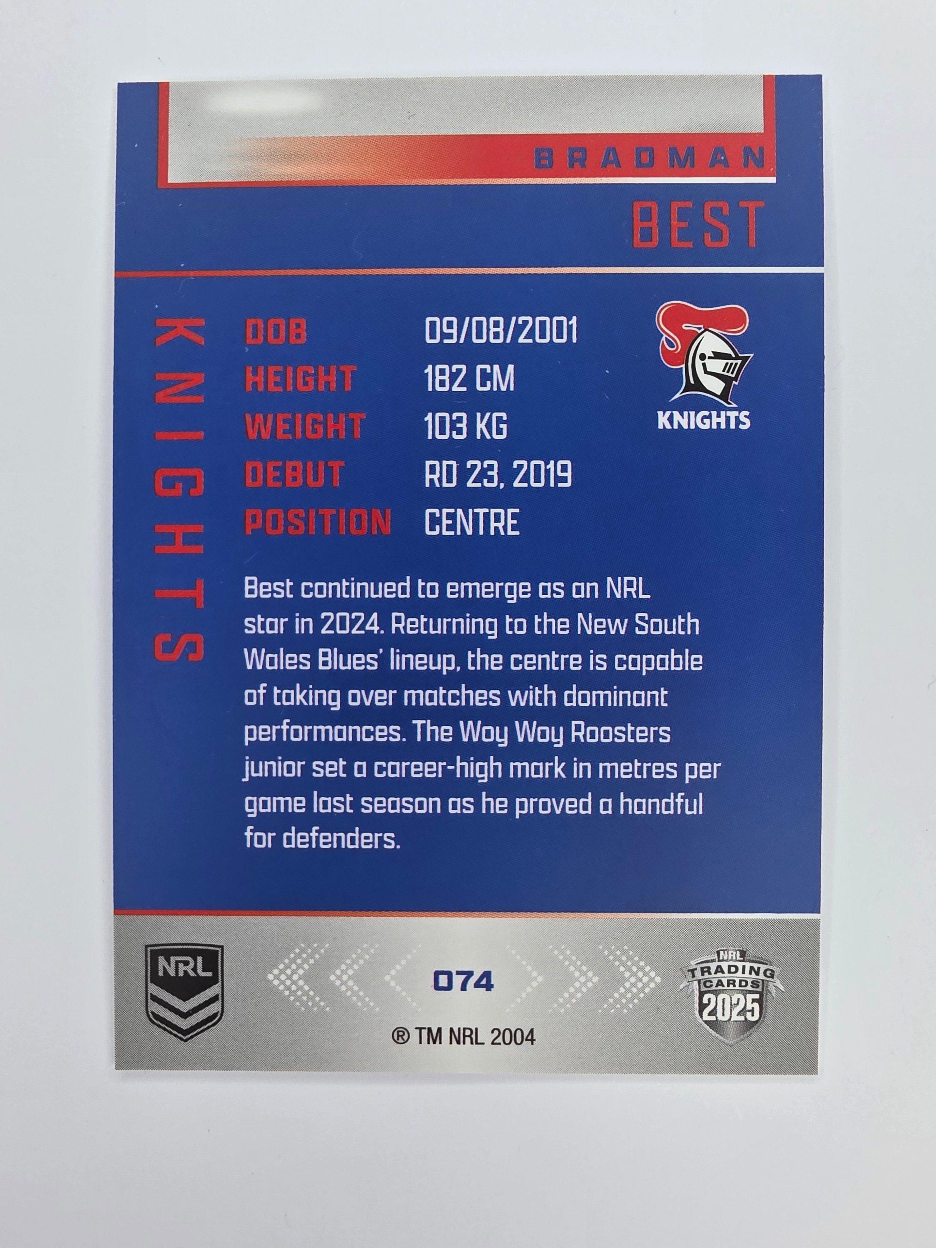 NRL 2025 Elite Base #074 Bradman Best Knights