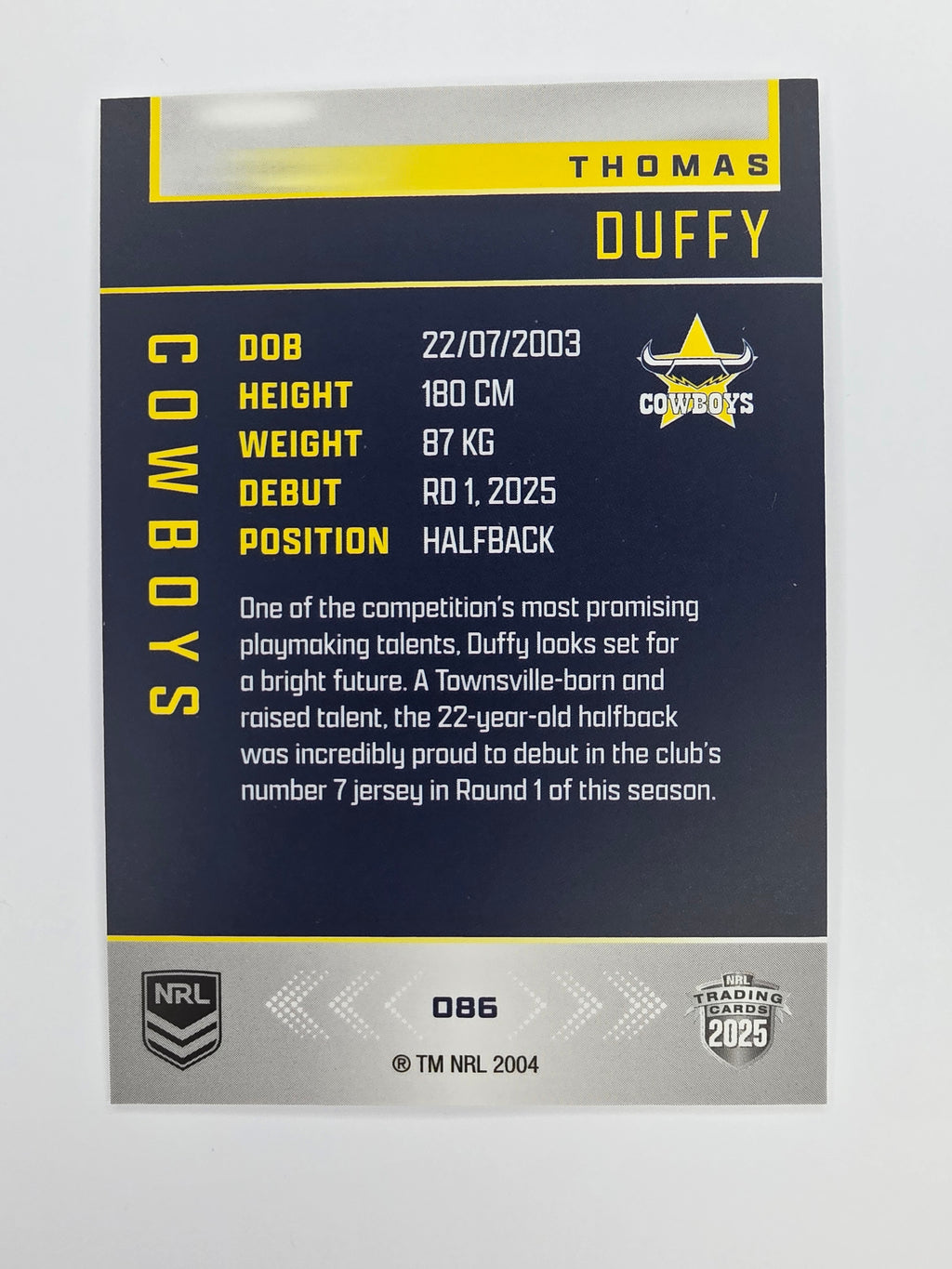 NRL 2025 Elite Base #086 Thomas Duffy Cowboys