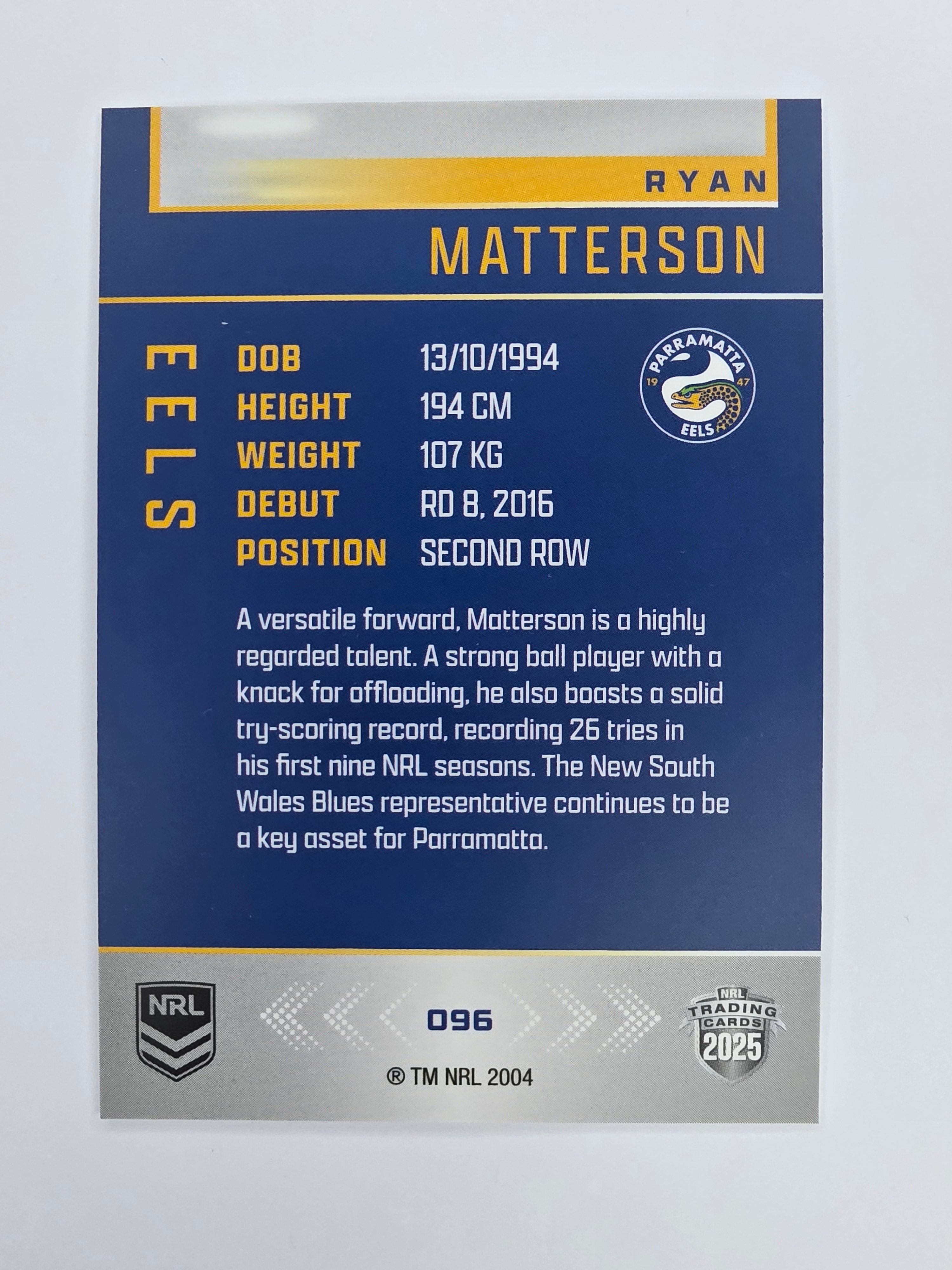 NRL 2025 Elite Base #096 Ryan Matterson Eels