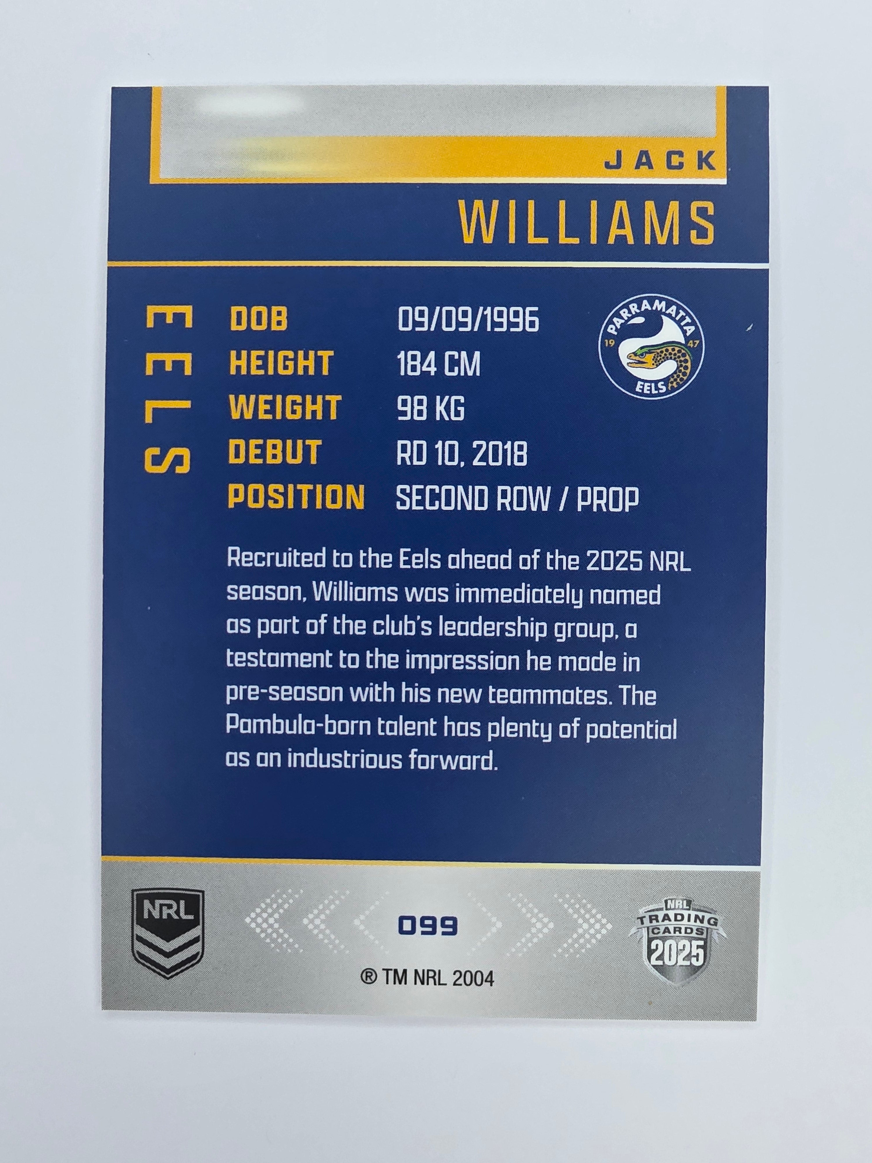 NRL 2025 Elite Base #099 Jack Williams Eels