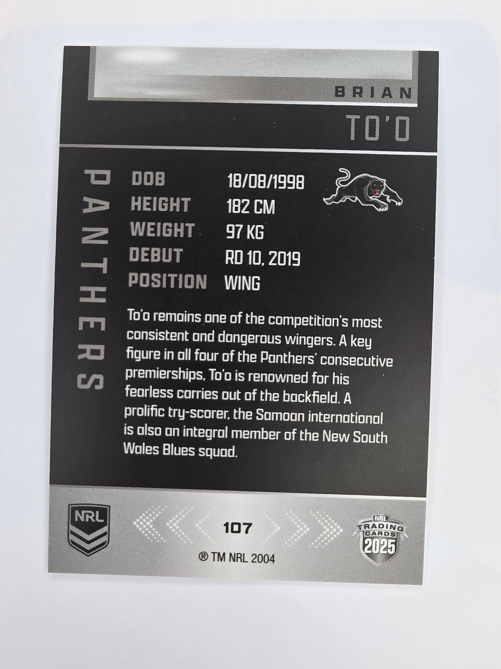 NRL 2025 Elite Base #107 Brian To'o Panthers
