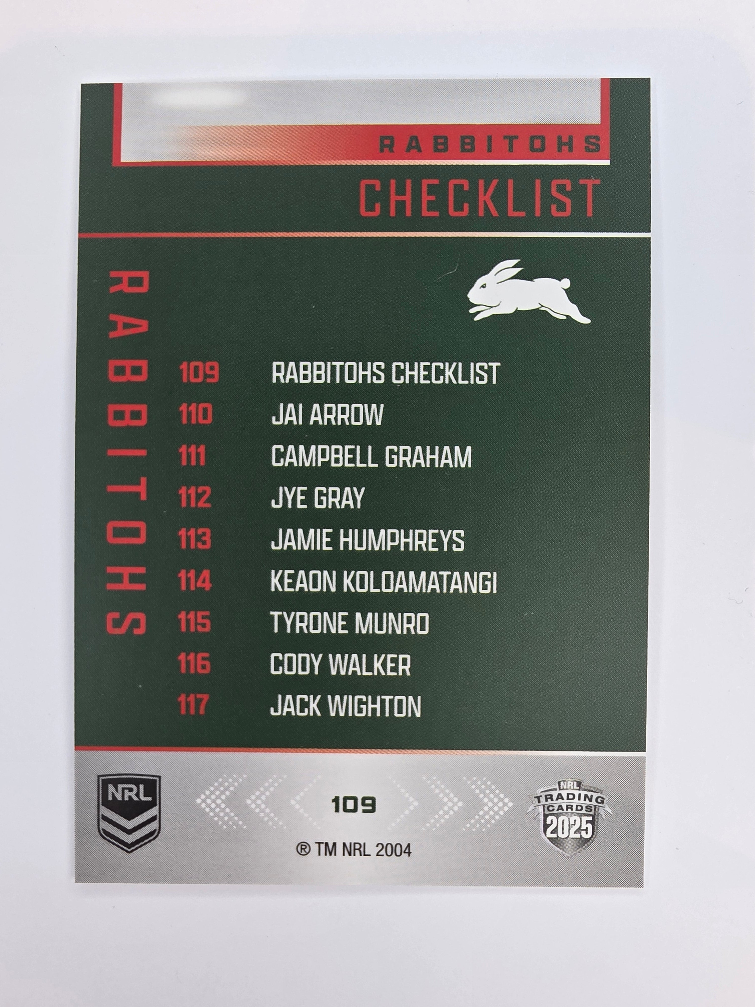 NRL 2025 Elite Base #109 Checklist Rabbitohs
