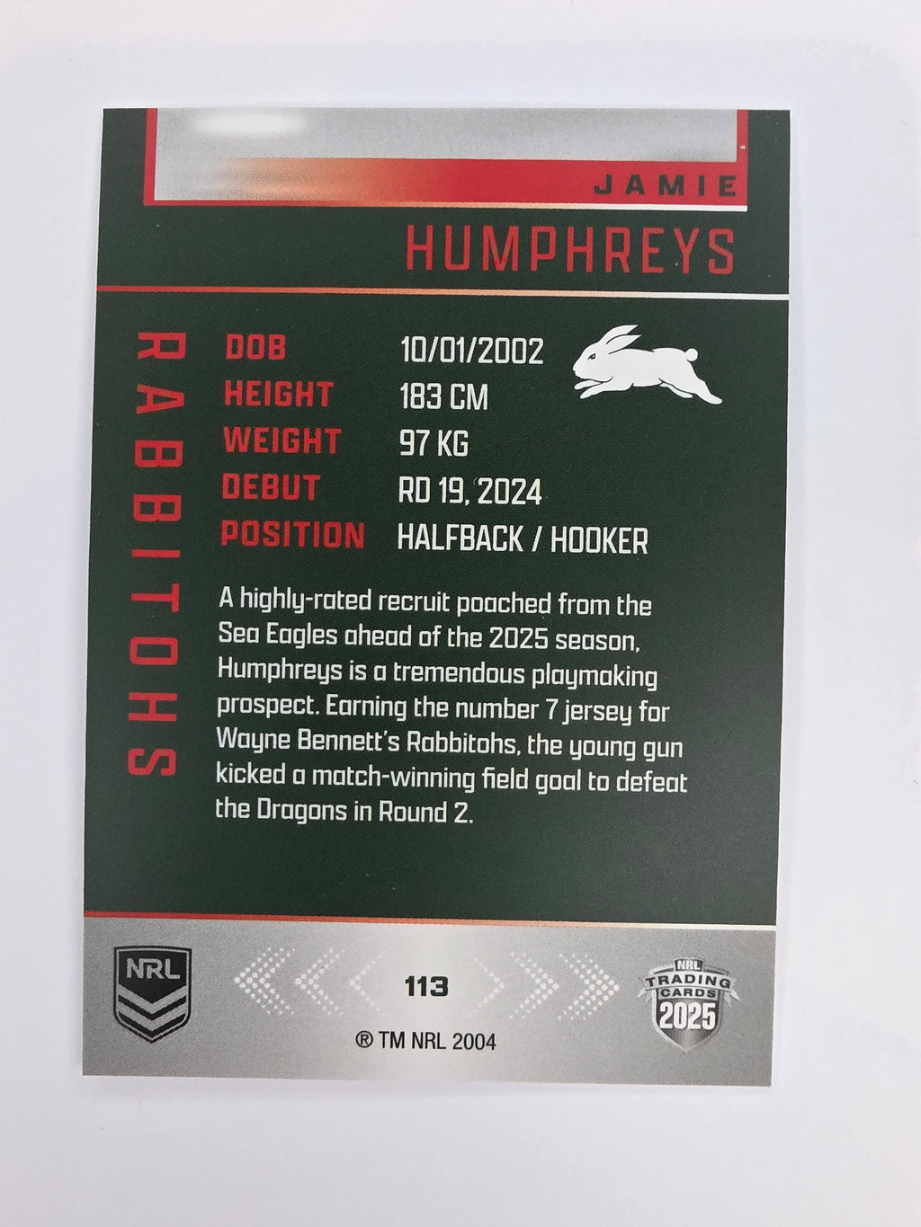 NRL 2025 Elite Base #113 Jamie Humphreys Rabbitohs