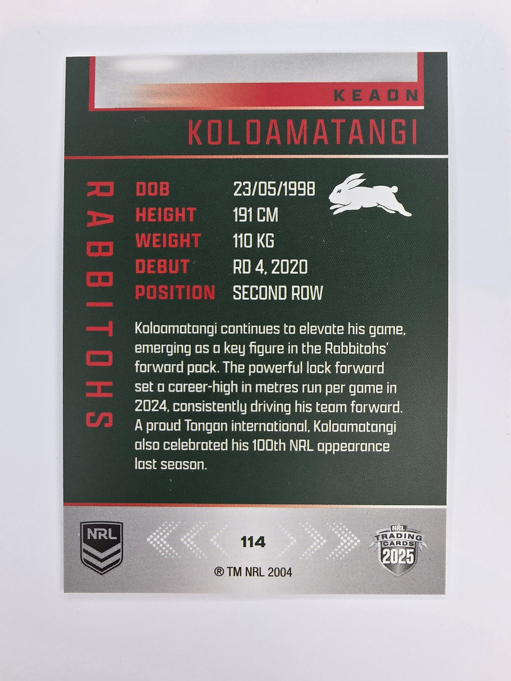 NRL 2025 Elite Base #114 Keaon Koloamatangi Rabbitohs