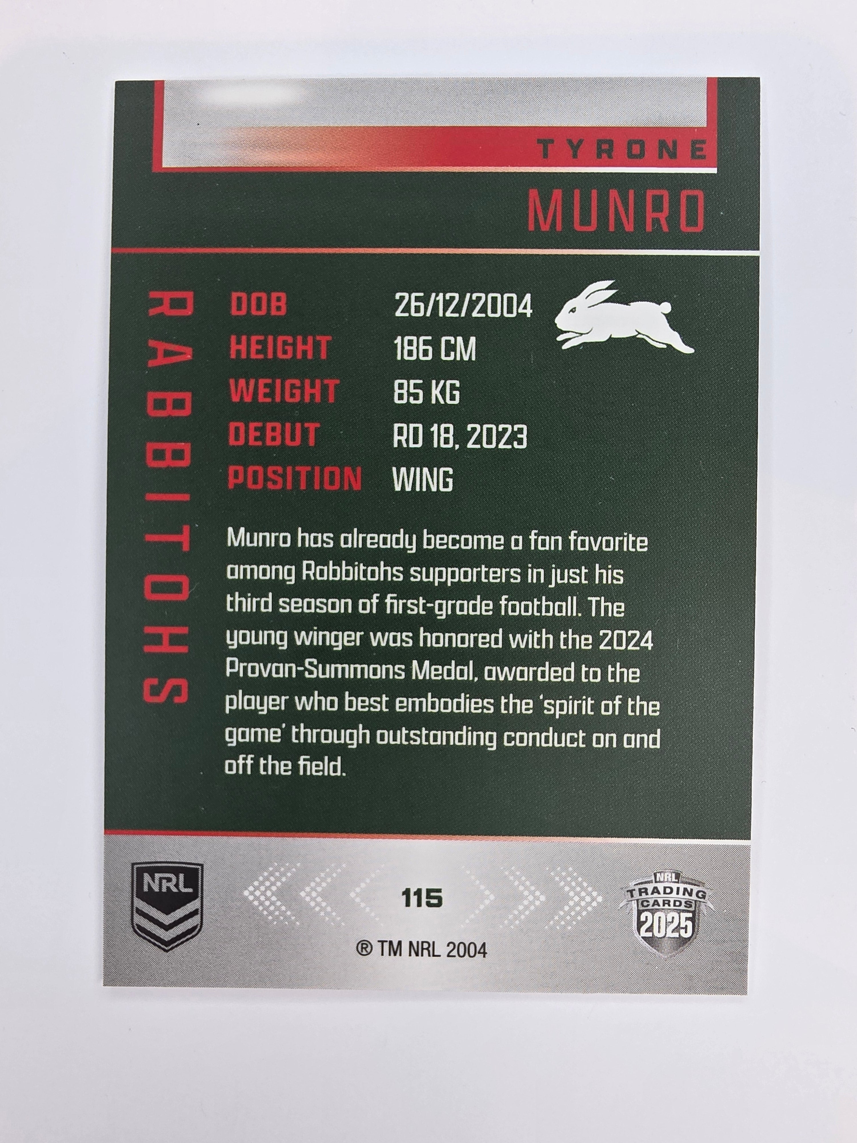 NRL 2025 Elite Base #115 Tyrone Munro Rabbitohs
