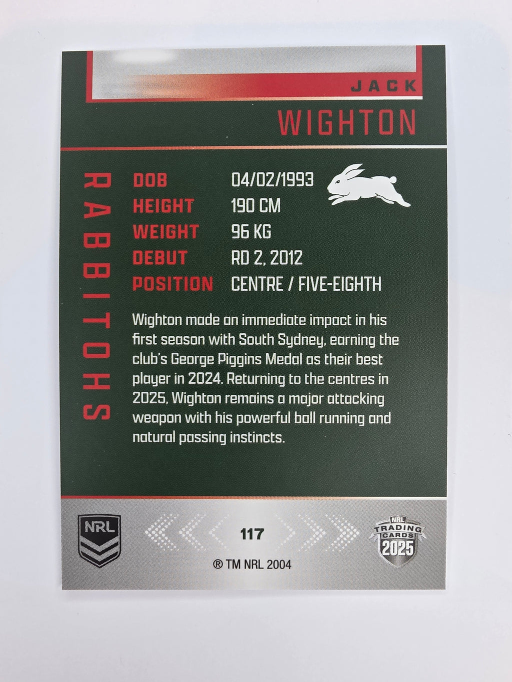 NRL 2025 Elite Base #117 Jack Wighton Rabbitohs